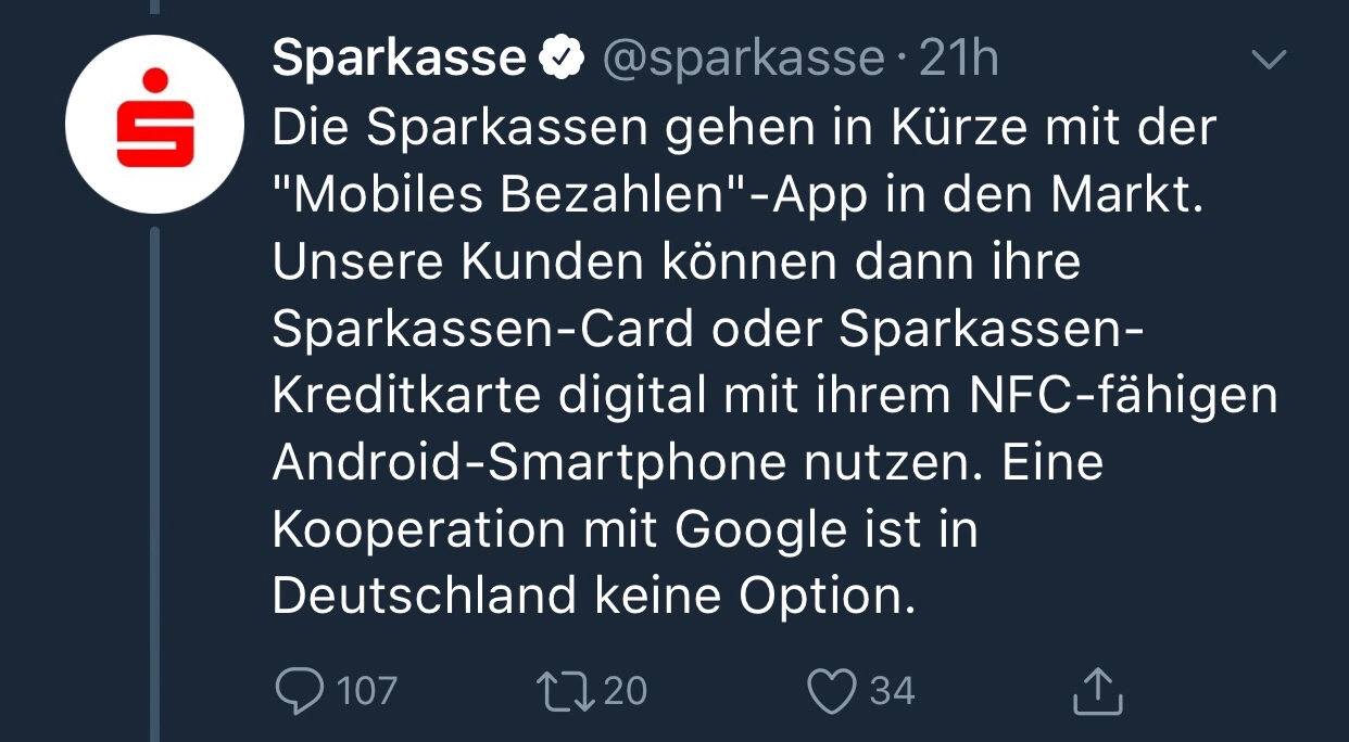 Sparkasse Statement auf Twitter über Google Pay Kooperation