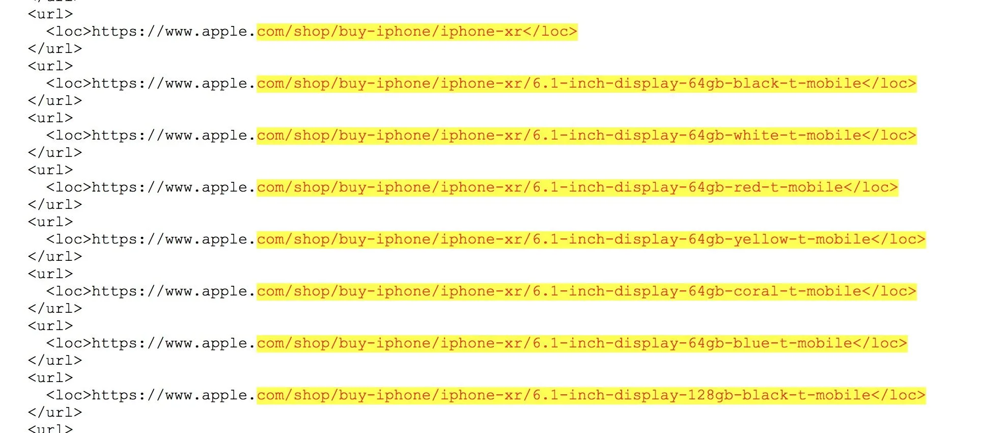 Apple Sitemap Quellcode Leak von iPhone Xr Modellnamen und Farbvarianten vor der Keynote 2018