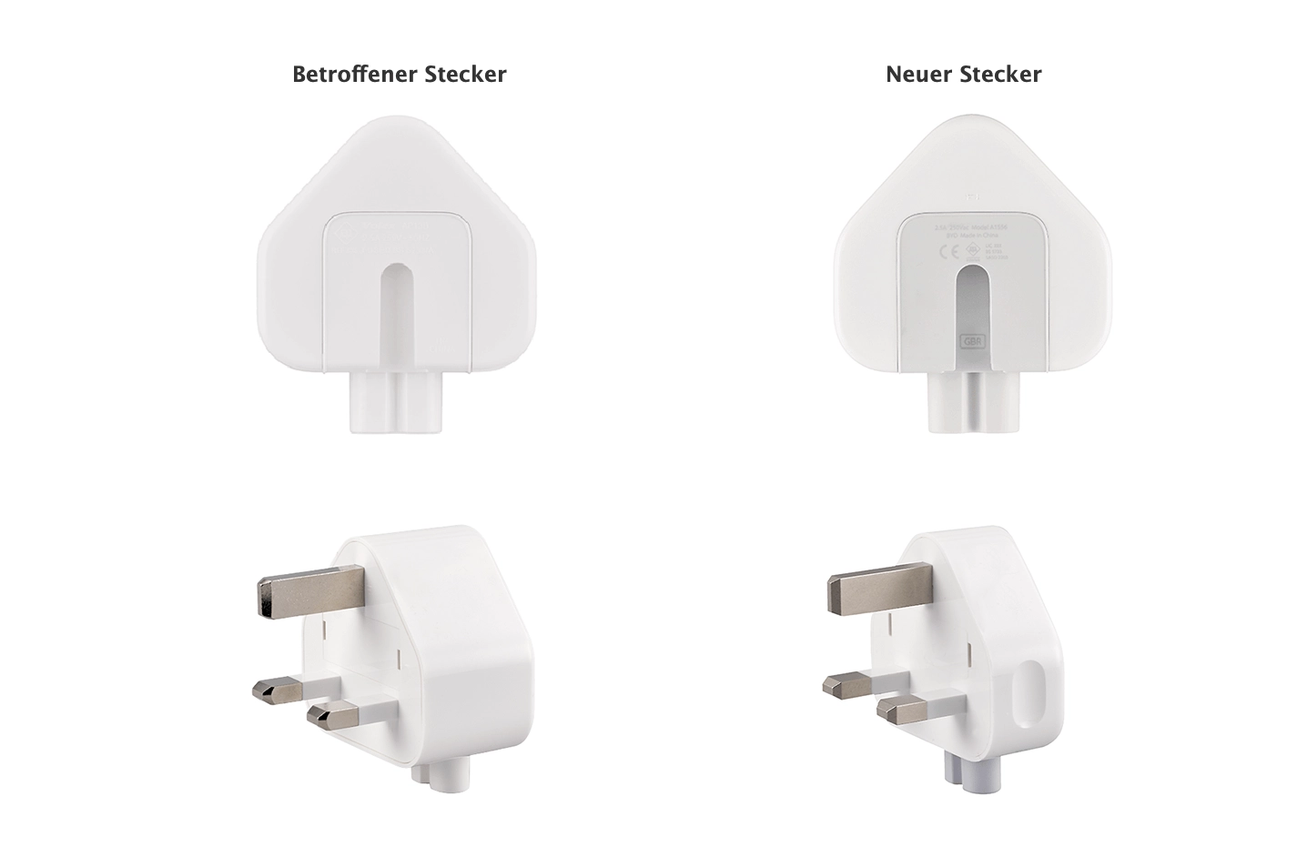 Vergleich zwischen dem betroffenen fehlerhaften Apple Reise-Adapter und dem neuen sicheren Stecker des Austauschprogramms.