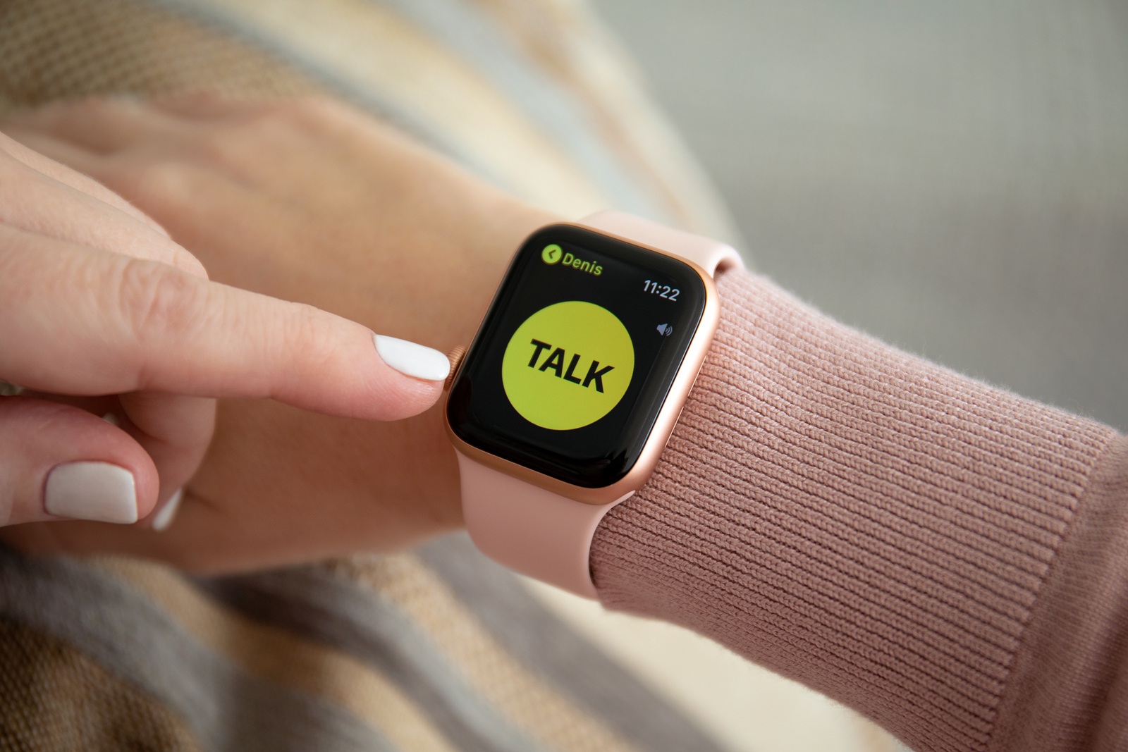 Anapa, Russia - February 16, 2019: Woman hand with Apple Watch Series 4 with app Walkie-Talkie on the screen. Apple Watch was created and developed by the Apple inc.