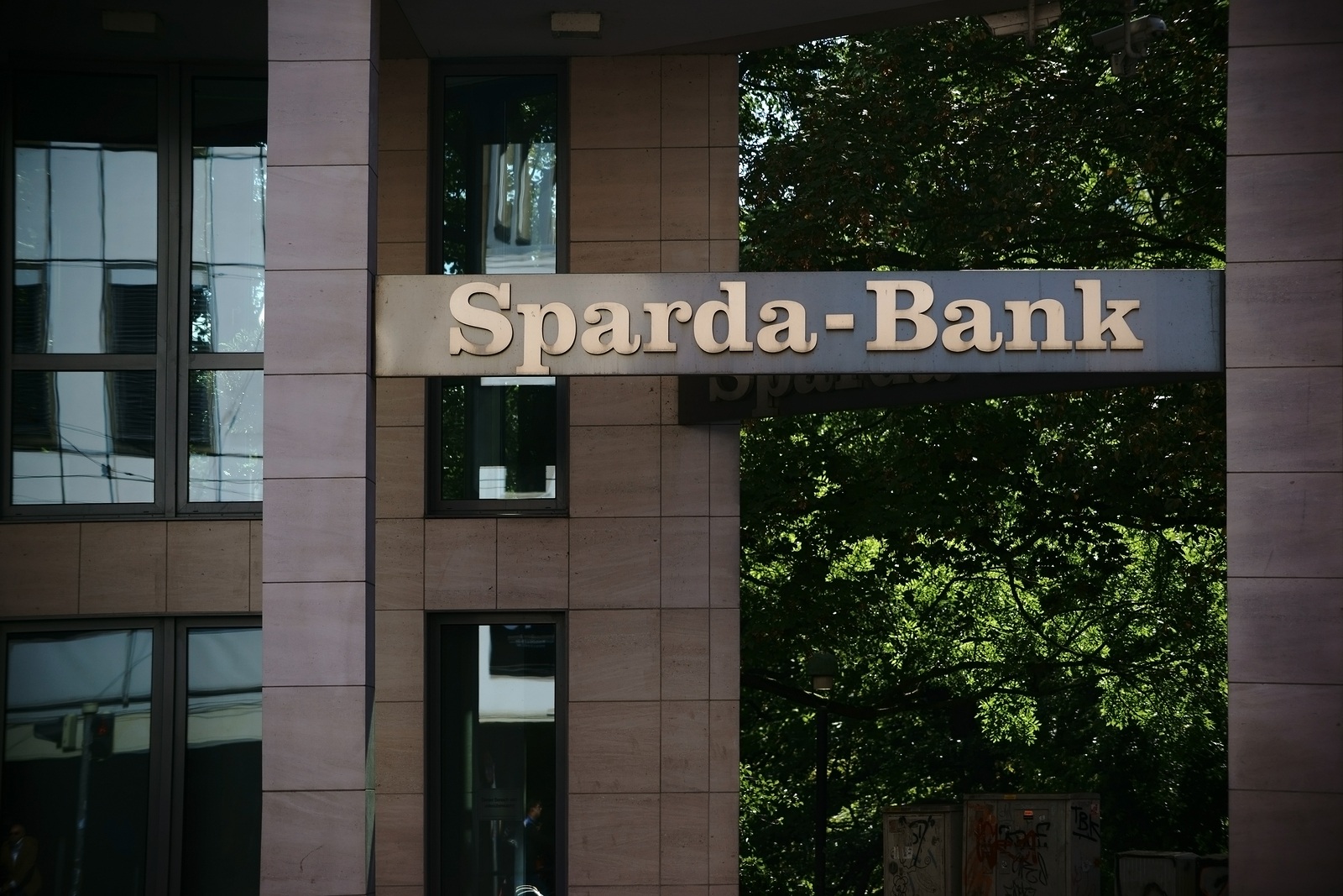 BREMEN, GERMANY - AUGUST 30: Modern exterior facade of the Sparda Bank building with windows and pillars on August 30, 2016 in Bremen.