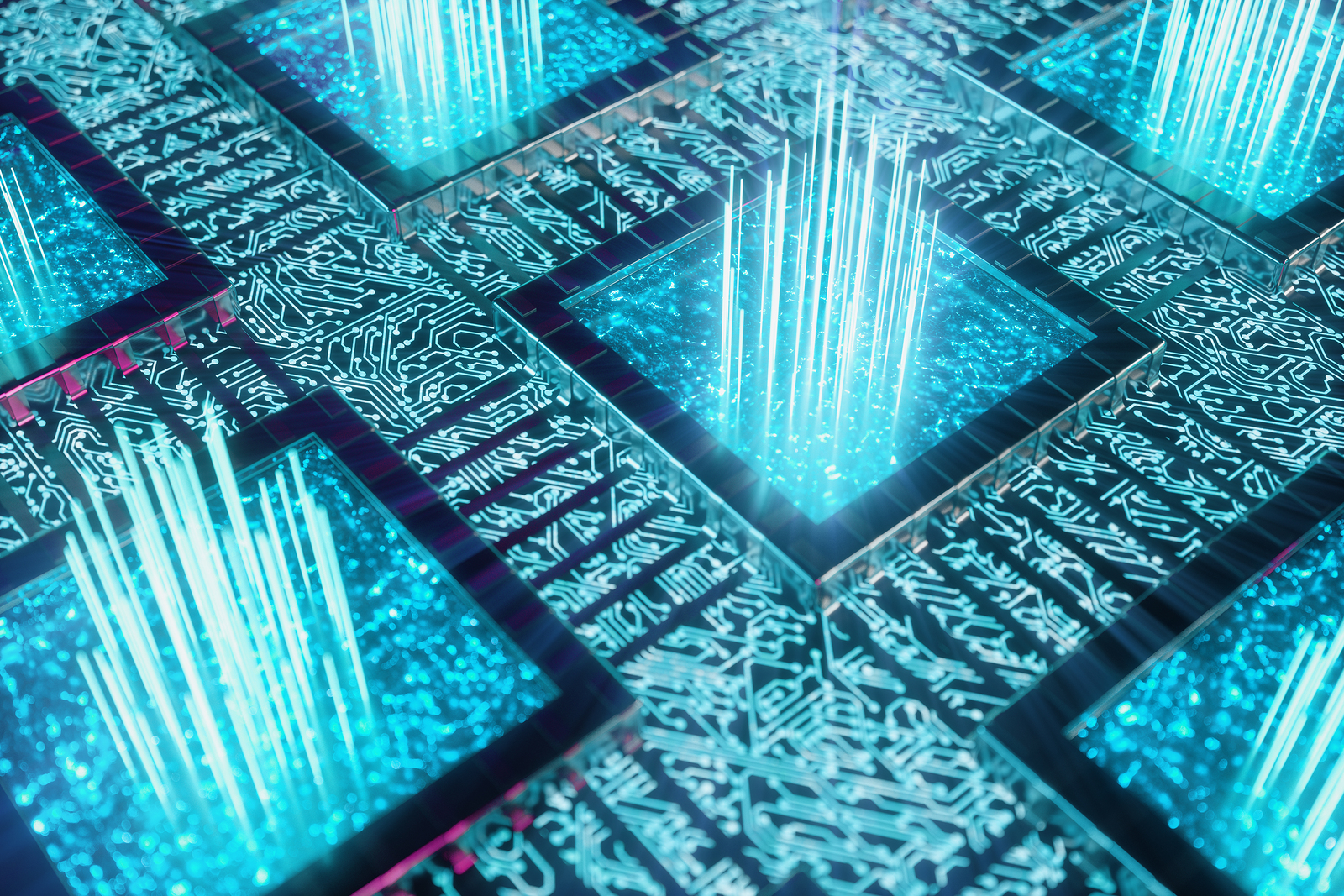 AI - artificial intelligence concept. Machine learning. Central Computer Processors on the circuit board with luminous tracks. Encoded data. Computer chip over circuit background, 3D illustration