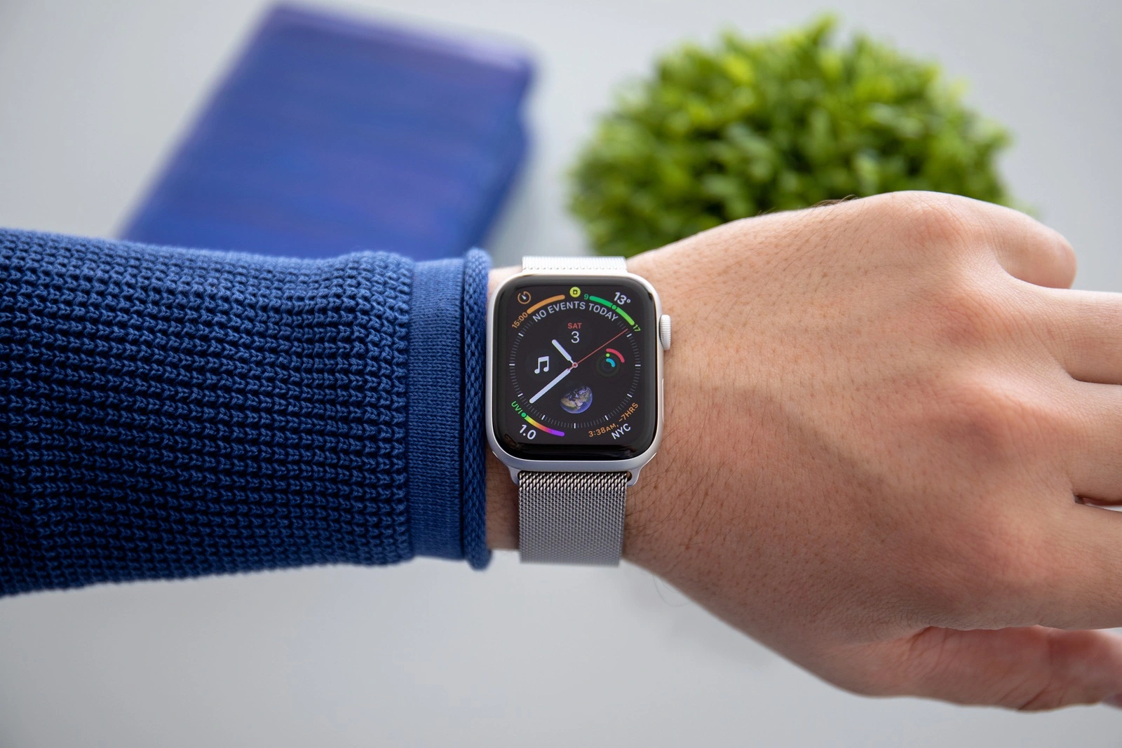 Alushta, Russia - November 3, 2018: Man hand with Apple Watch Series 4 in the home. Apple Watch was created and developed by the Apple inc.
