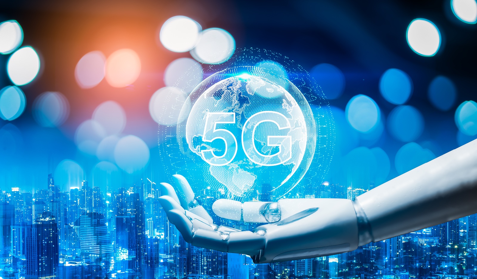 Robot android hand holding icon 5g.5G network digital hologram and internet of things on city background.5G network wireless systems.robot android hand holding icon 5g.