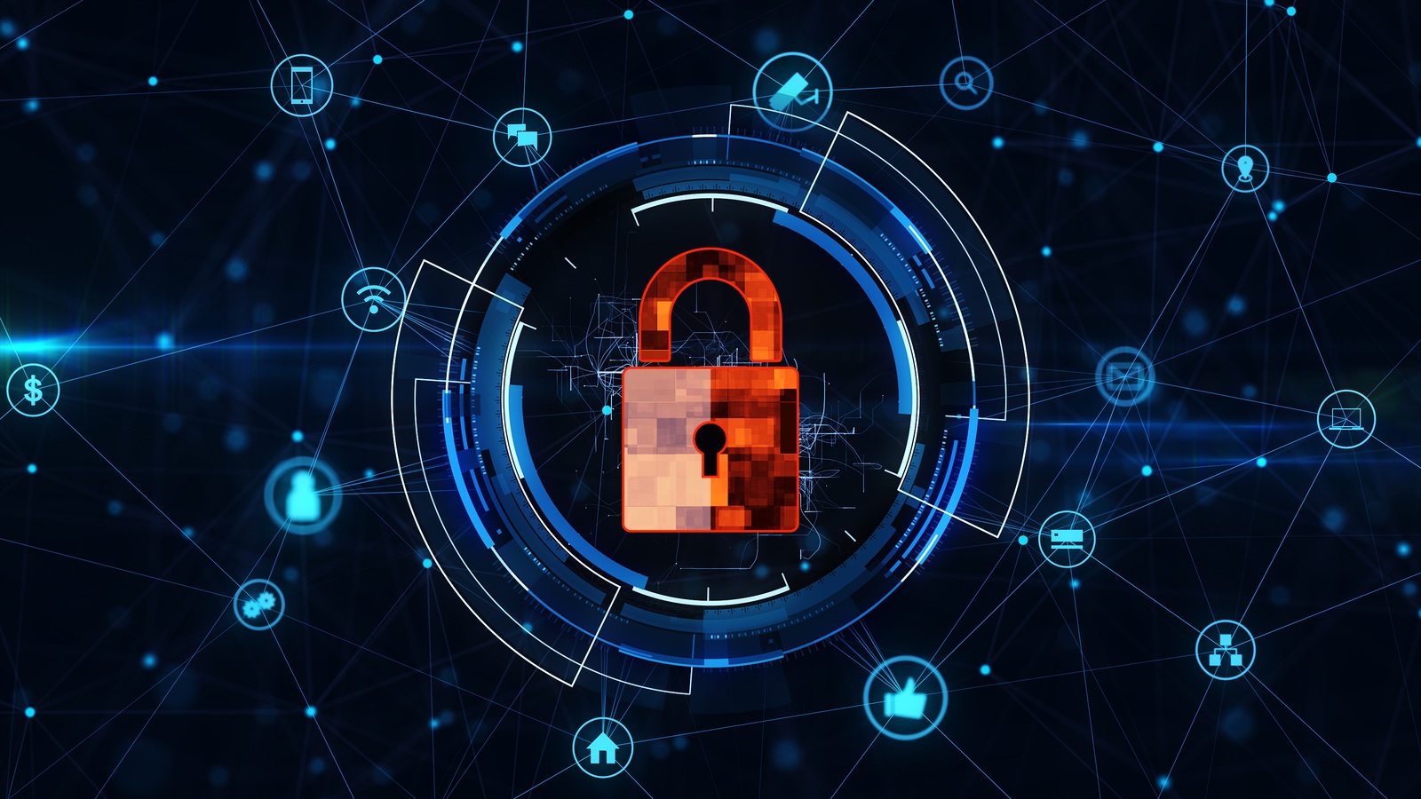 Internet technology network and cyber security concept .with lock icon on secure data network technology, cyber attack protection for worldwide connections.