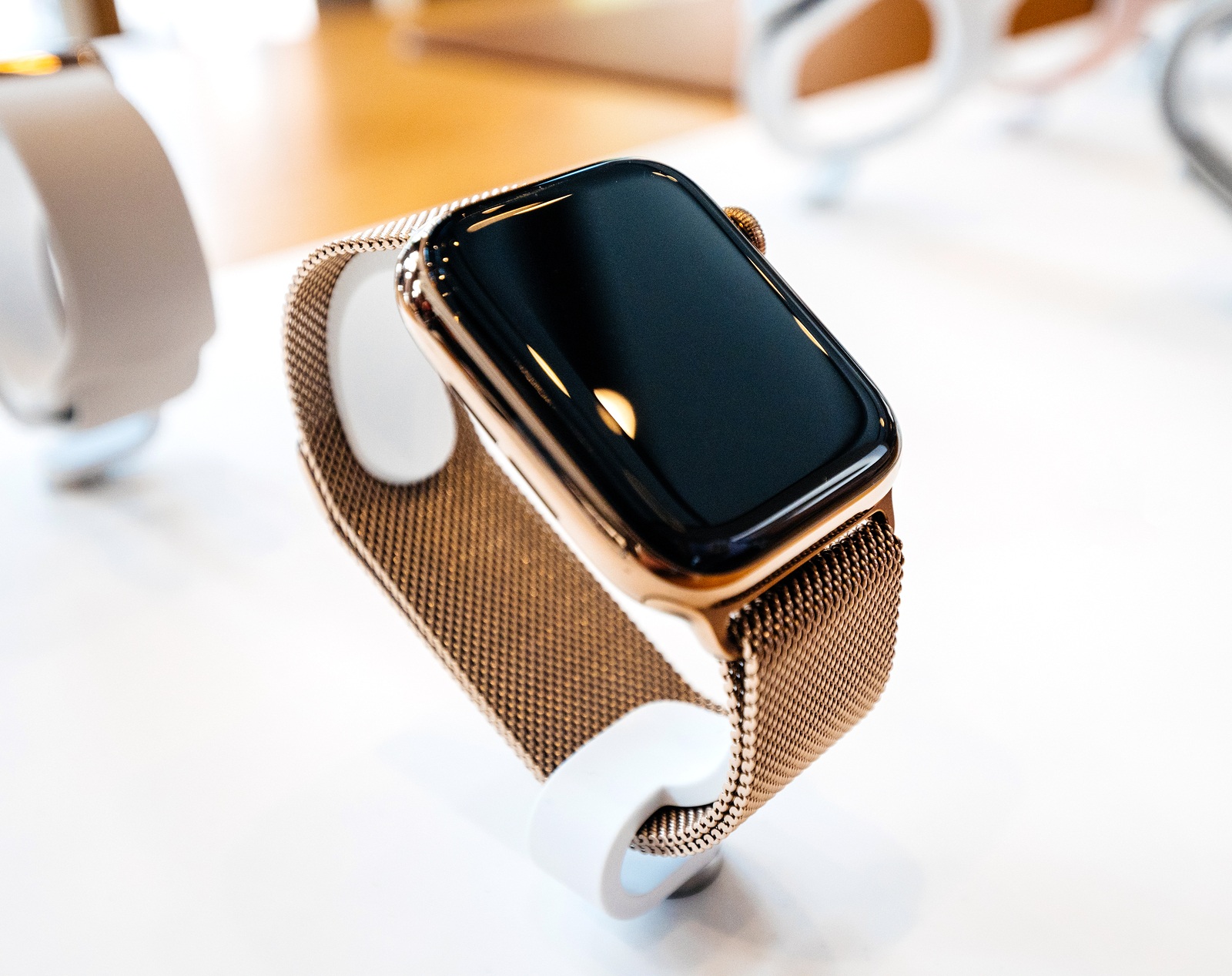 STRASBOURG, FRANCE - SEP 21, 2018: Apple Store with presentation for sale of the new latest gold edition Apple Computers Watch Series 4 wearable device