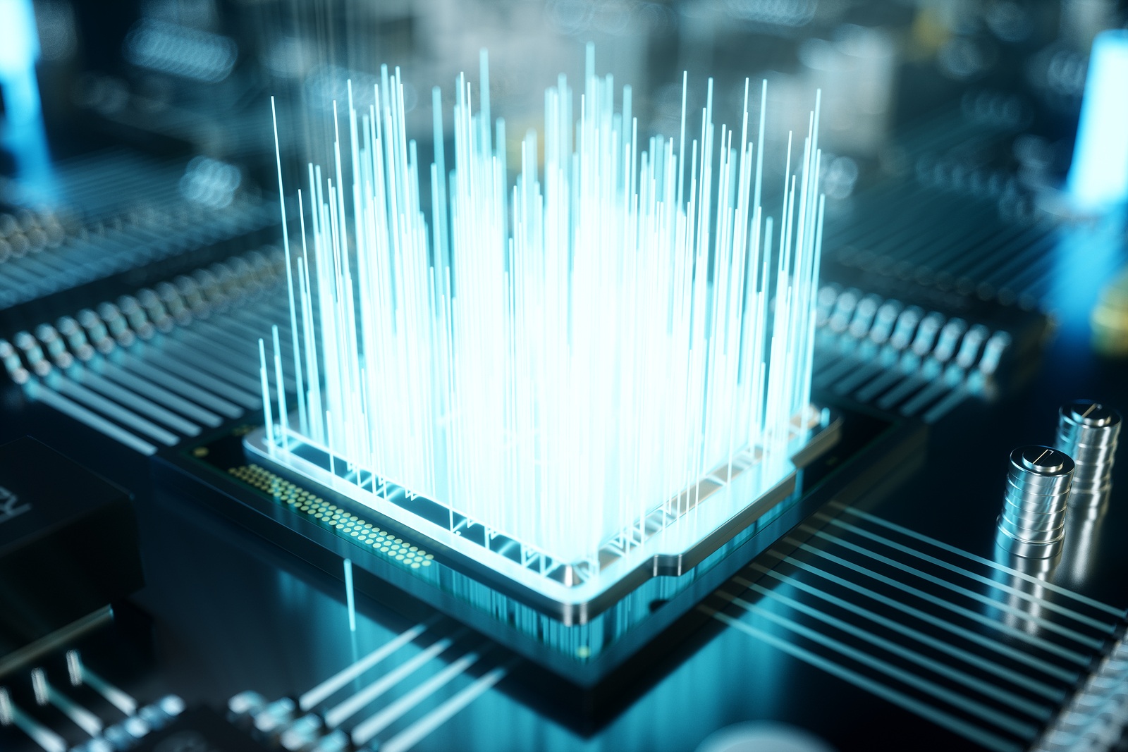 3D illustration computer chip, a processor on a printed circuit board. The concept of data transfer to the cloud. Central processor in the form of artificial intelligence. Data transfer.