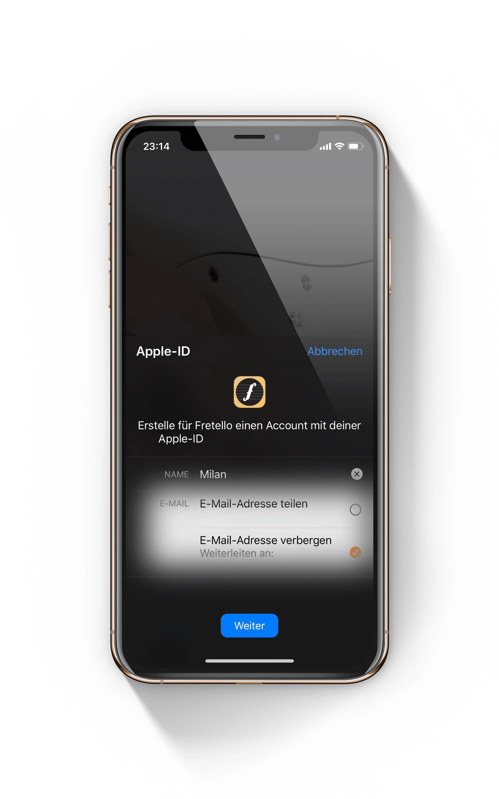 Apple-ID Anmeldefenster auf dem iPhone zur Bestätigung von Anmelden mit Apple für die Fretello-App