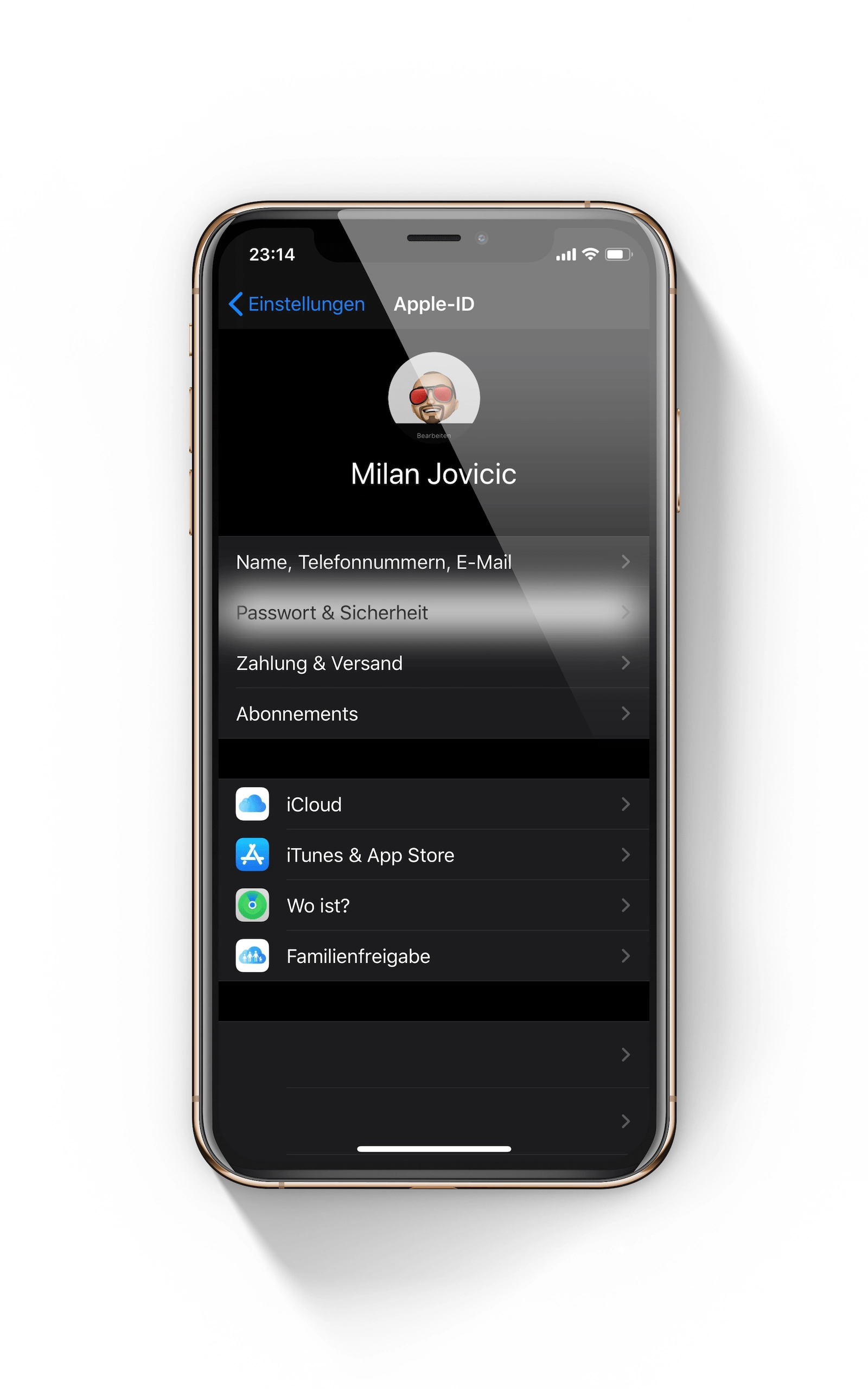 Apple-ID Account-Einstellungen auf dem iPhone zur Auswahl von Passwort und Sicherheit für die App-Verwaltung