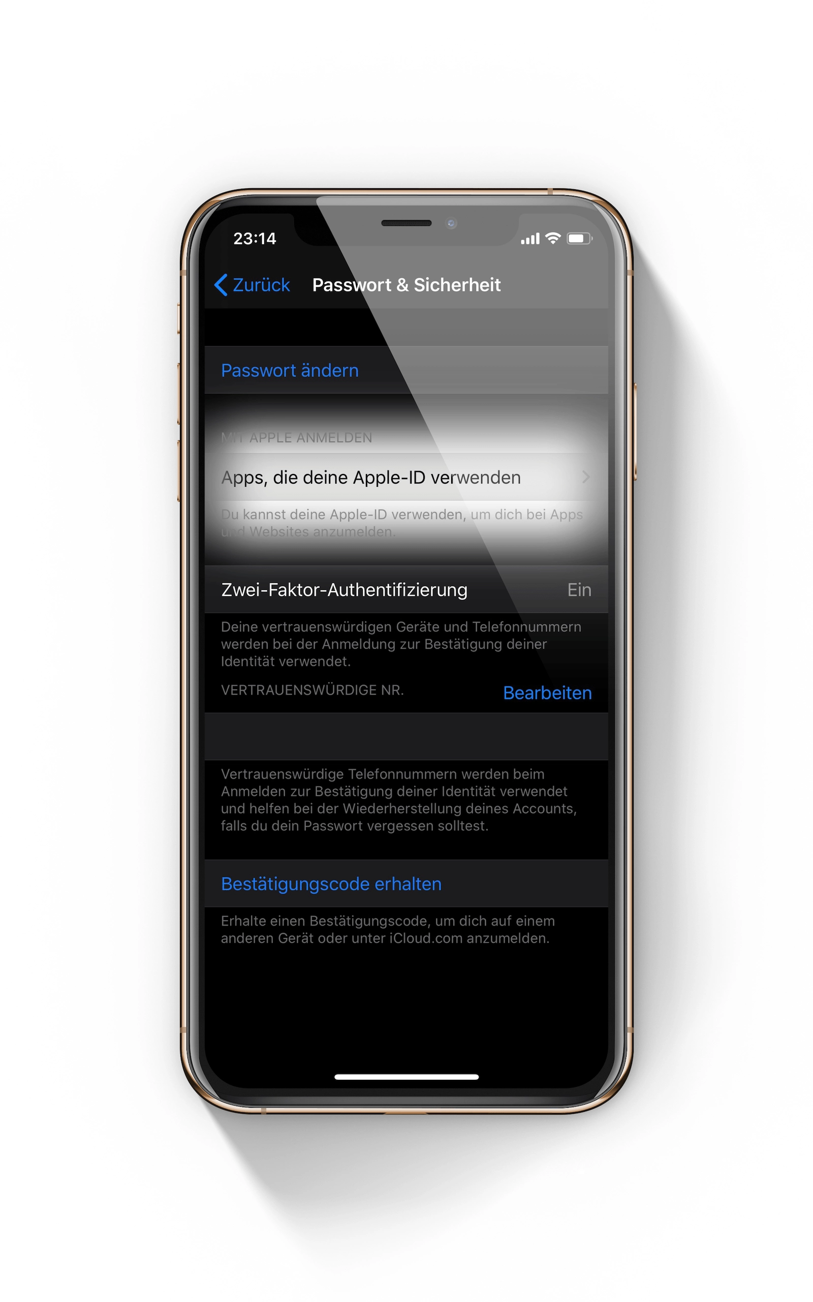 Menüpunkt Apps die deine Apple ID verwenden unter Passwort und Sicherheit auf dem iPhone zur Verwaltung registrierter Anwendungen