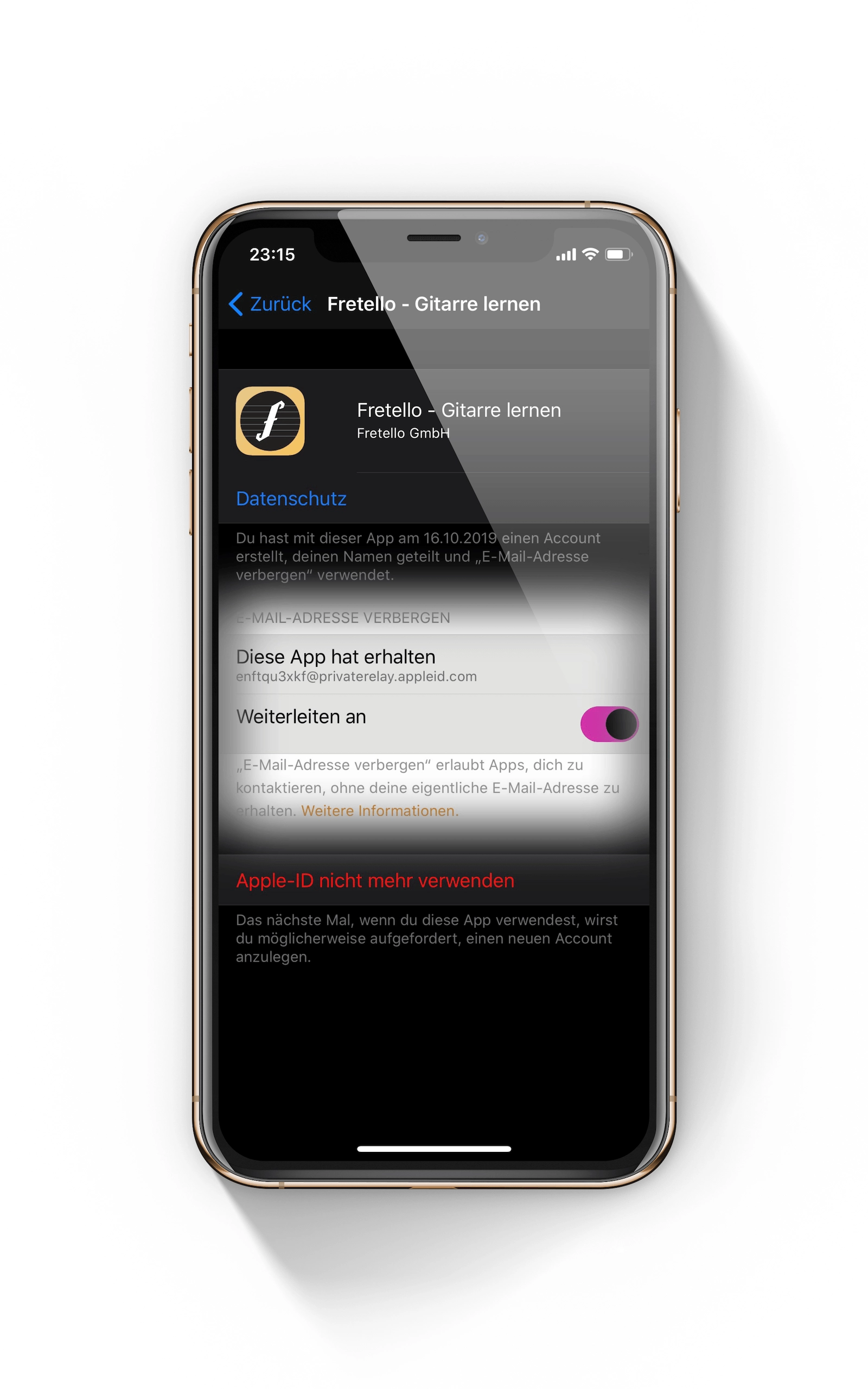 Fretello App-Optionen unter Anmelden mit Apple auf dem iPhone zur Deaktivierung der Apple-ID Nutzung
