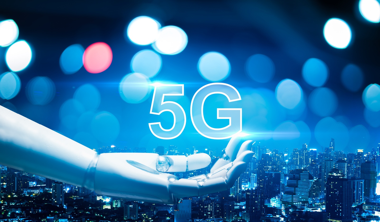 5G network digital hologram and internet of things on city background.5G network wireless systems.robot android hand holding icon 5g.