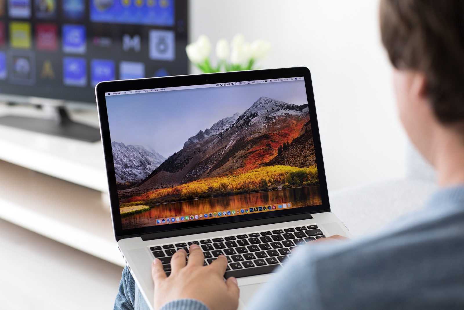 Alushta Russia - June 8 2017: Backgrounds MacOS High Sierra in the screen of MacBook Pro. MacBookPro was created and developed by the Apple inc.