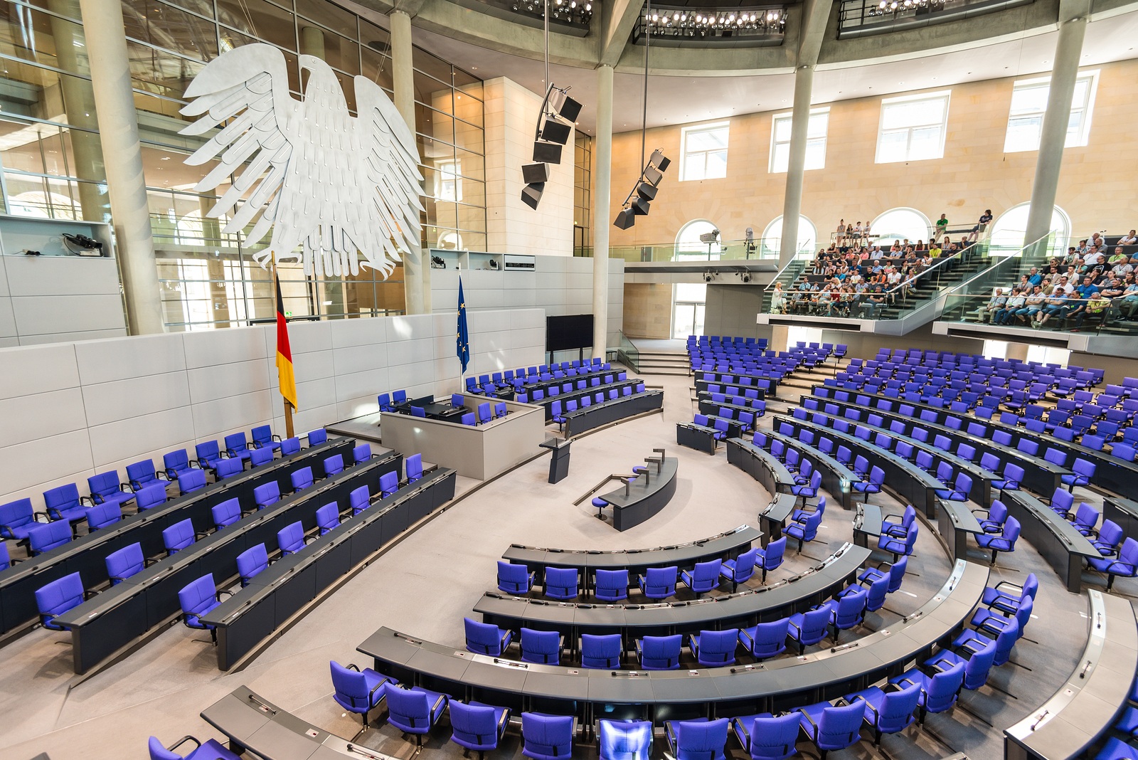 Berlin, Germany - May27, 2017: Interior of Plenary Hall (meeting room) of German Parliament (Deutscher Bundestag). Building and Meeting room available for public between plenary sessions.