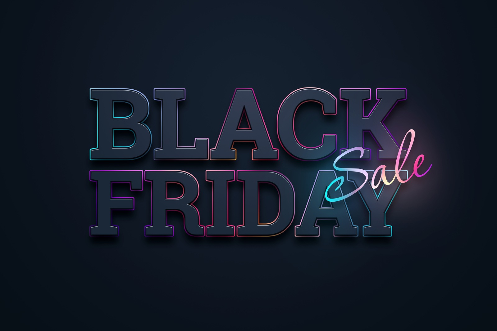 Black friday sale inscription, neon on a dark background, design template. Black friday banner. Copy space, creative background. 3D Illustration, 3D Design