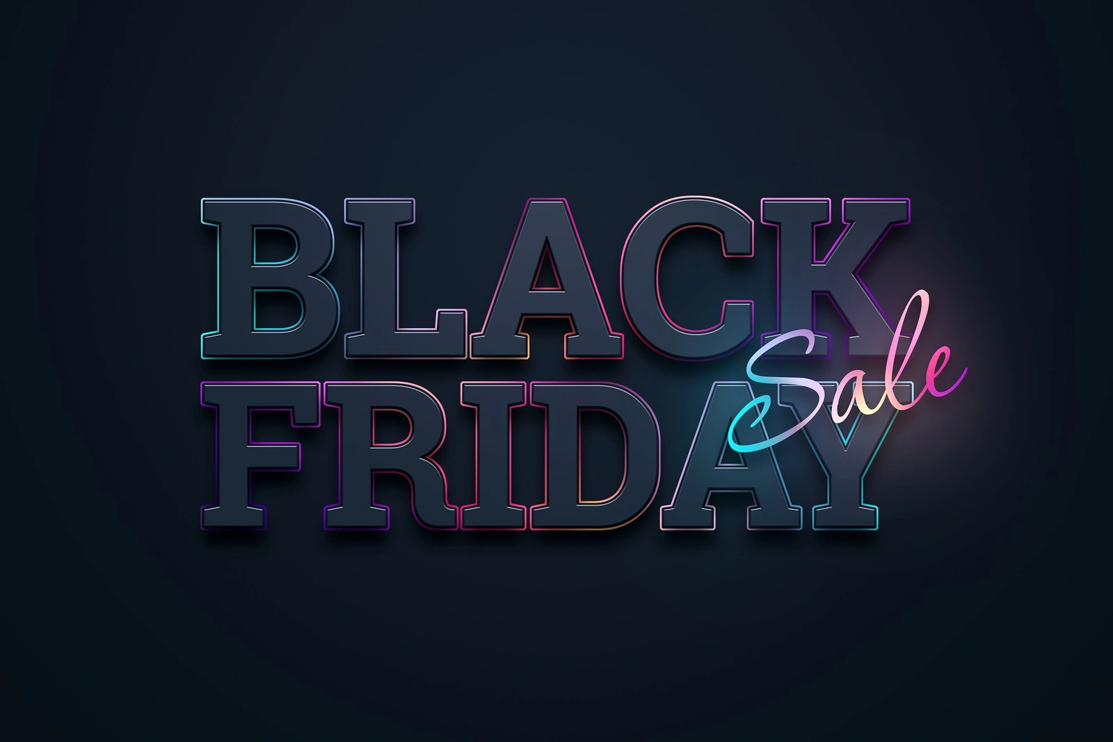 Black friday sale inscription, neon on a dark background, design template. Black friday banner. Copy space, creative background. 3D Illustration, 3D Design