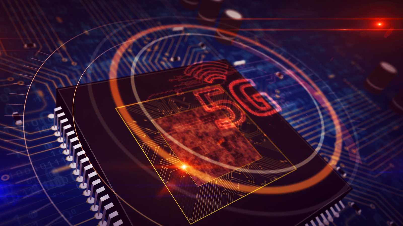5G hologram over working cpu on circuit board in background. 5G, new technology, communication, streaming transmission and mobile internet concept 3d illustration.