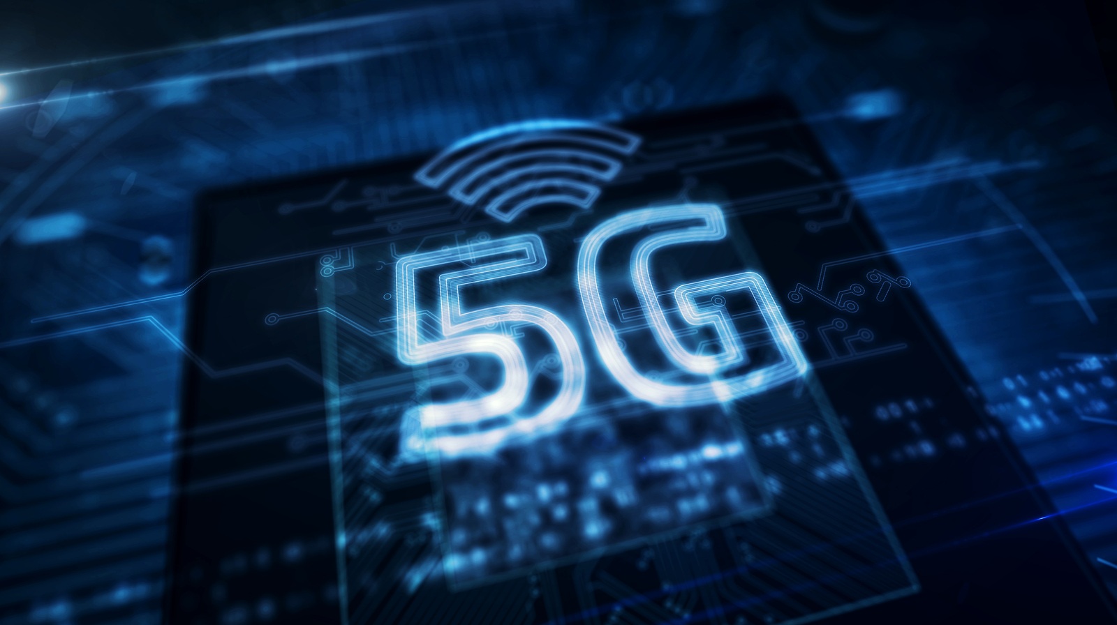 5G hologram over working cpu on circuit board in background. 5G, new technology, communication, streaming transmission and mobile internet concept 3d illustration.