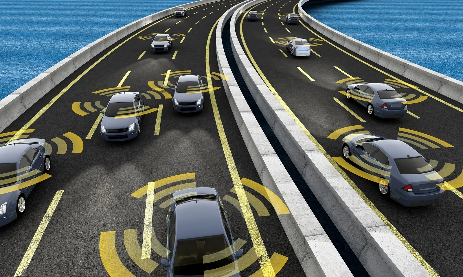 Autonomous cars on a road with visible connection
