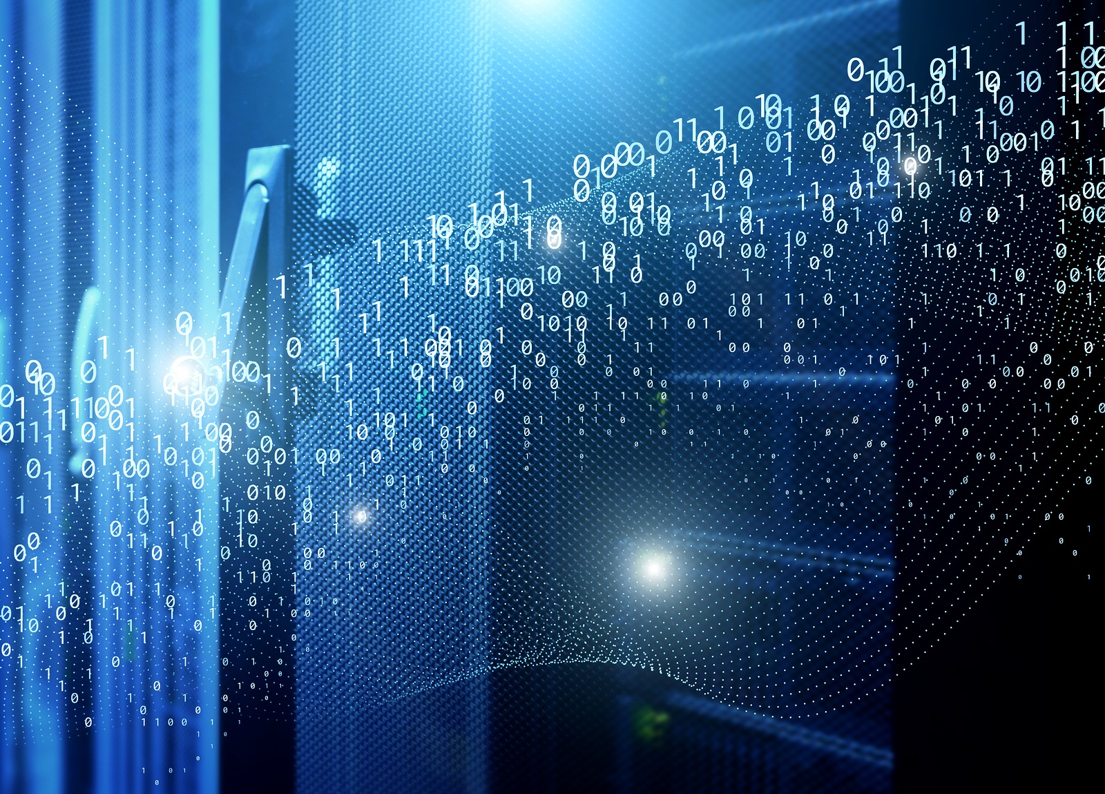 data stream binary code data on top of the lattice doors of server equipment in a data center