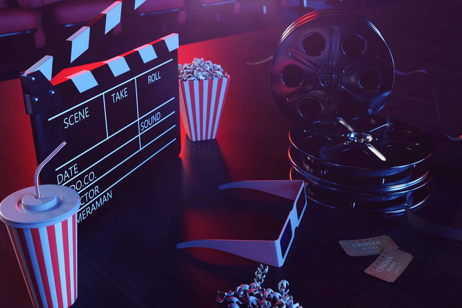 Cinema movie watching. Composition with 3d glasses, movie clapper, film reel, popcorn and filmstrip. Cinema concept wtih blue light. Red chairs in the cinema hall in the background. 3D illustration