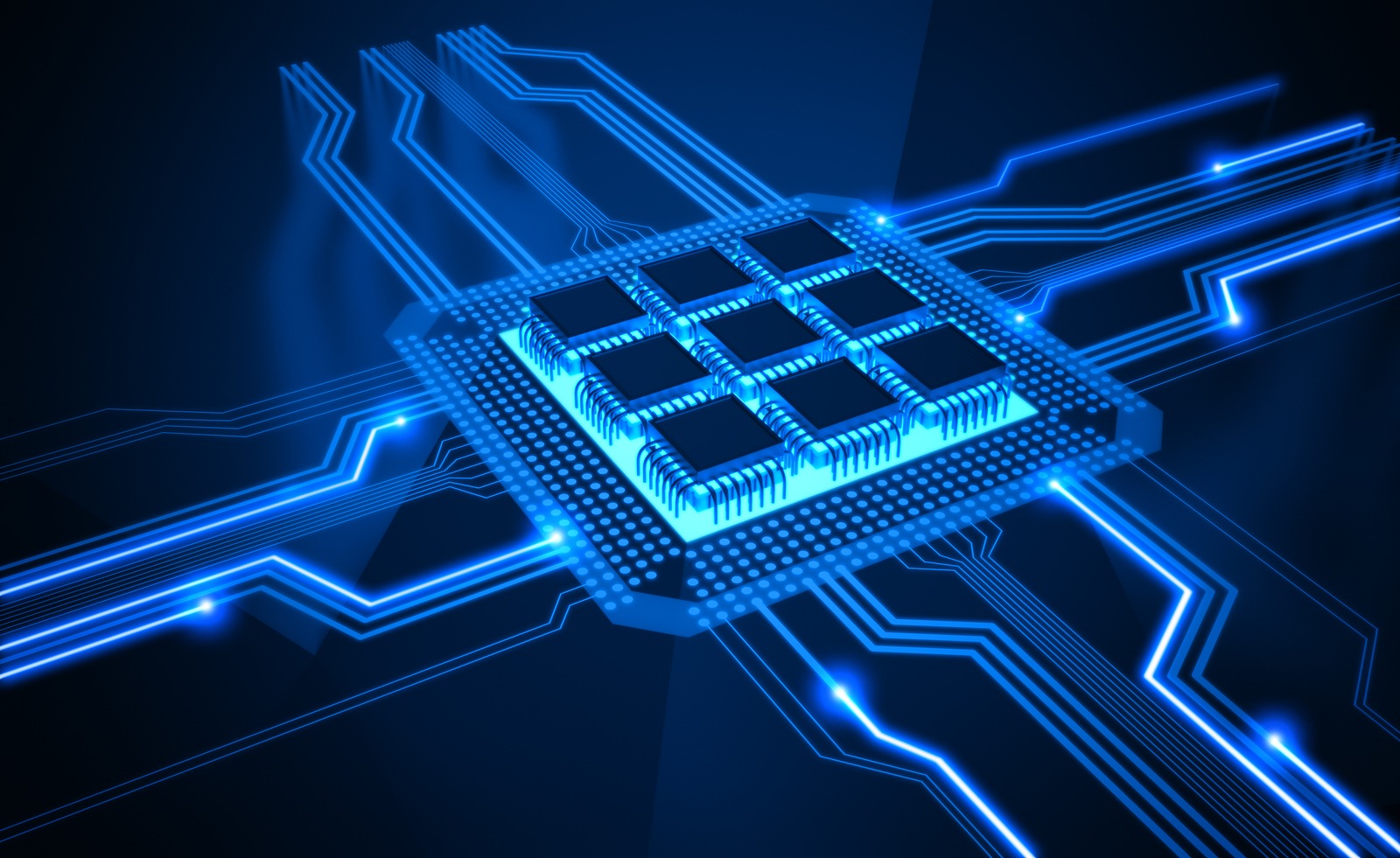 Central Processing Unit. A processor (microchip) interconnected receiving and sending information. Concept of technology and future.