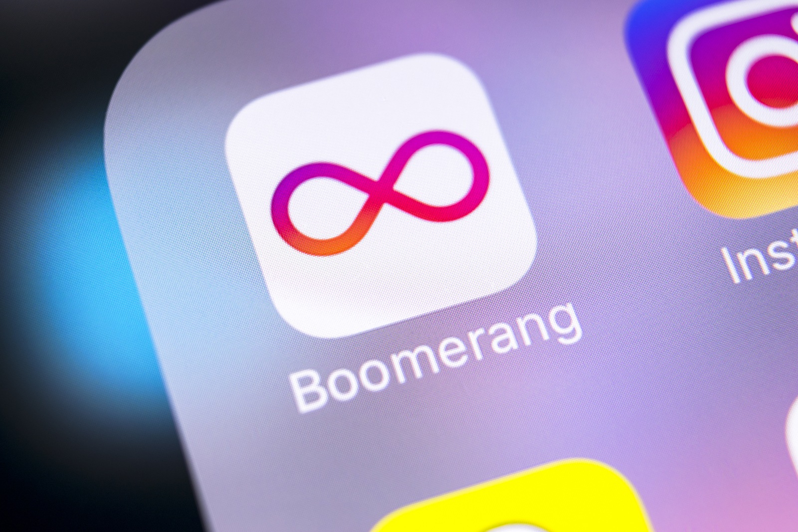 Sankt-Petersburg, Russia, March 8, 2018: Boomerang application icon on Apple iPhone X screen close-up. Boomerang app icon. Boomerang application. Social media app. Social media icon