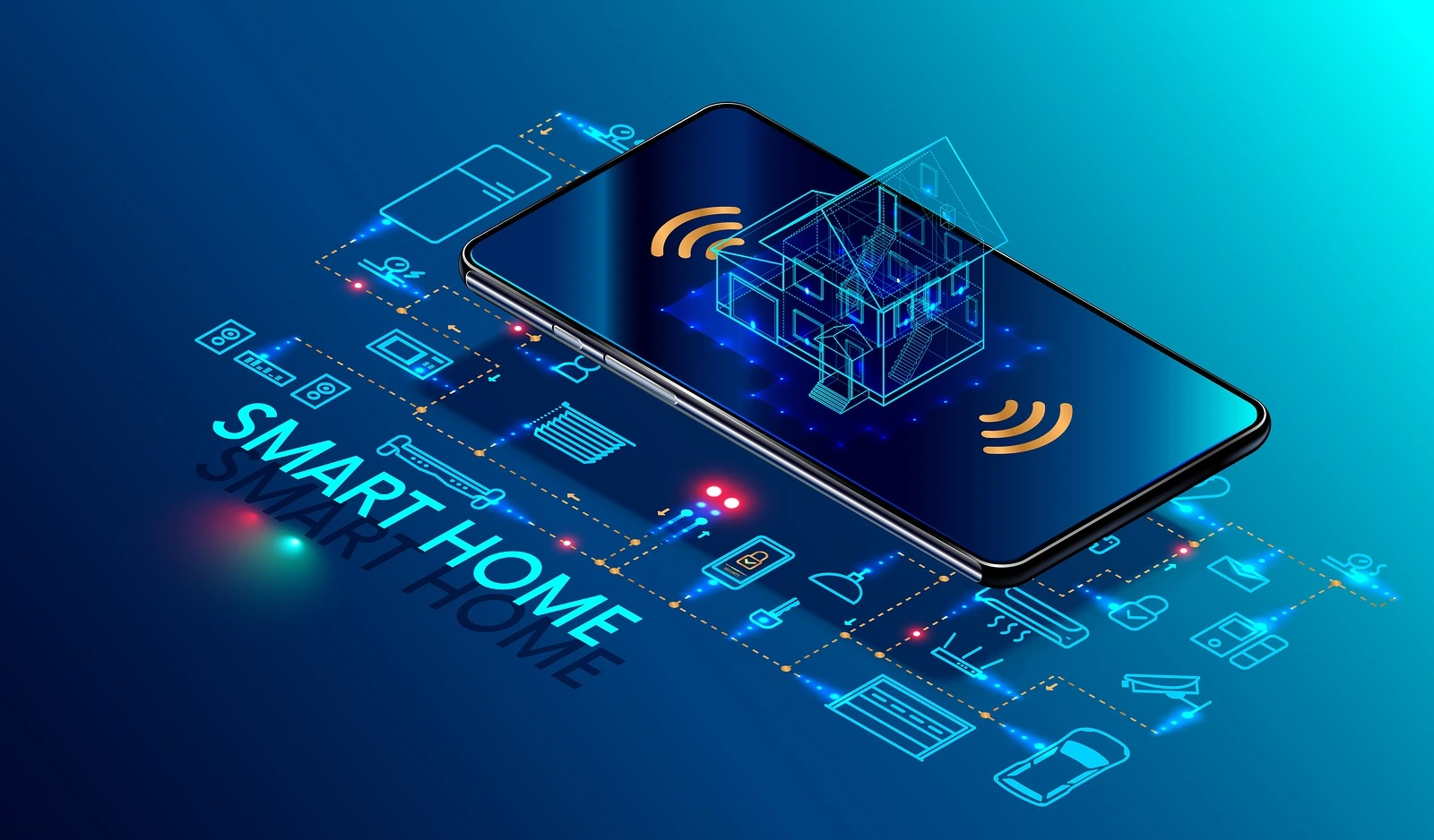 Smart home controlled smartphone. Internet of things technology of home automation system. Small house standing on screen mobile phone and wireless connections with icons home electronics devices. iot