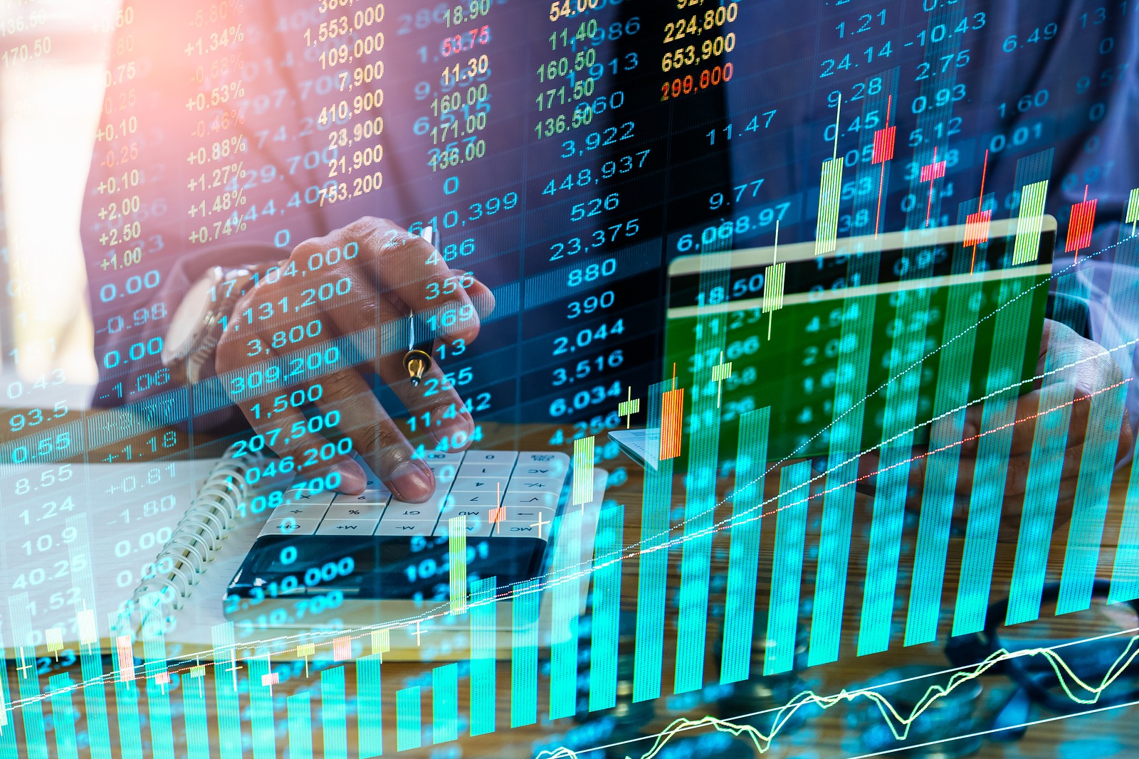 Stock market graph and business financial data on LED. Business graph and stock financial indicator. Stock or business market analysis concept. Business financial or stock market background. Business graph on stock market financial exchange