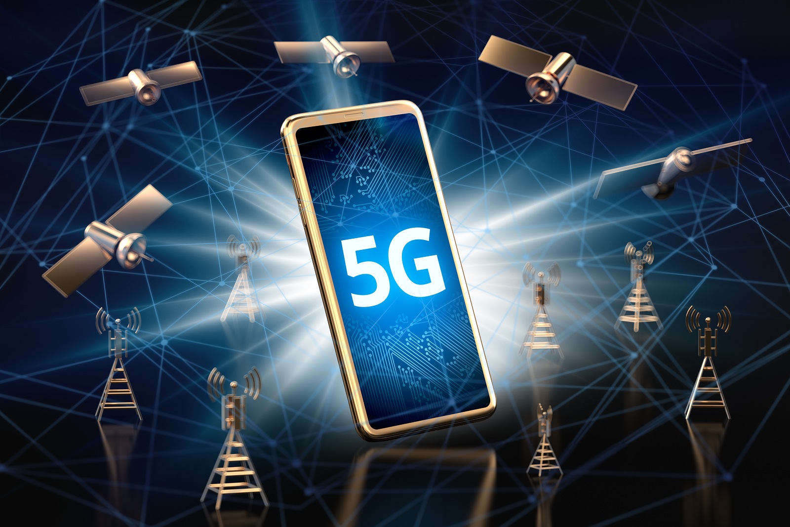 Smartphone with 5G sign on the screen surrounded by high speed network data transfer nodes. Blurry closeup shot. 5G technology concept. 3D rendering