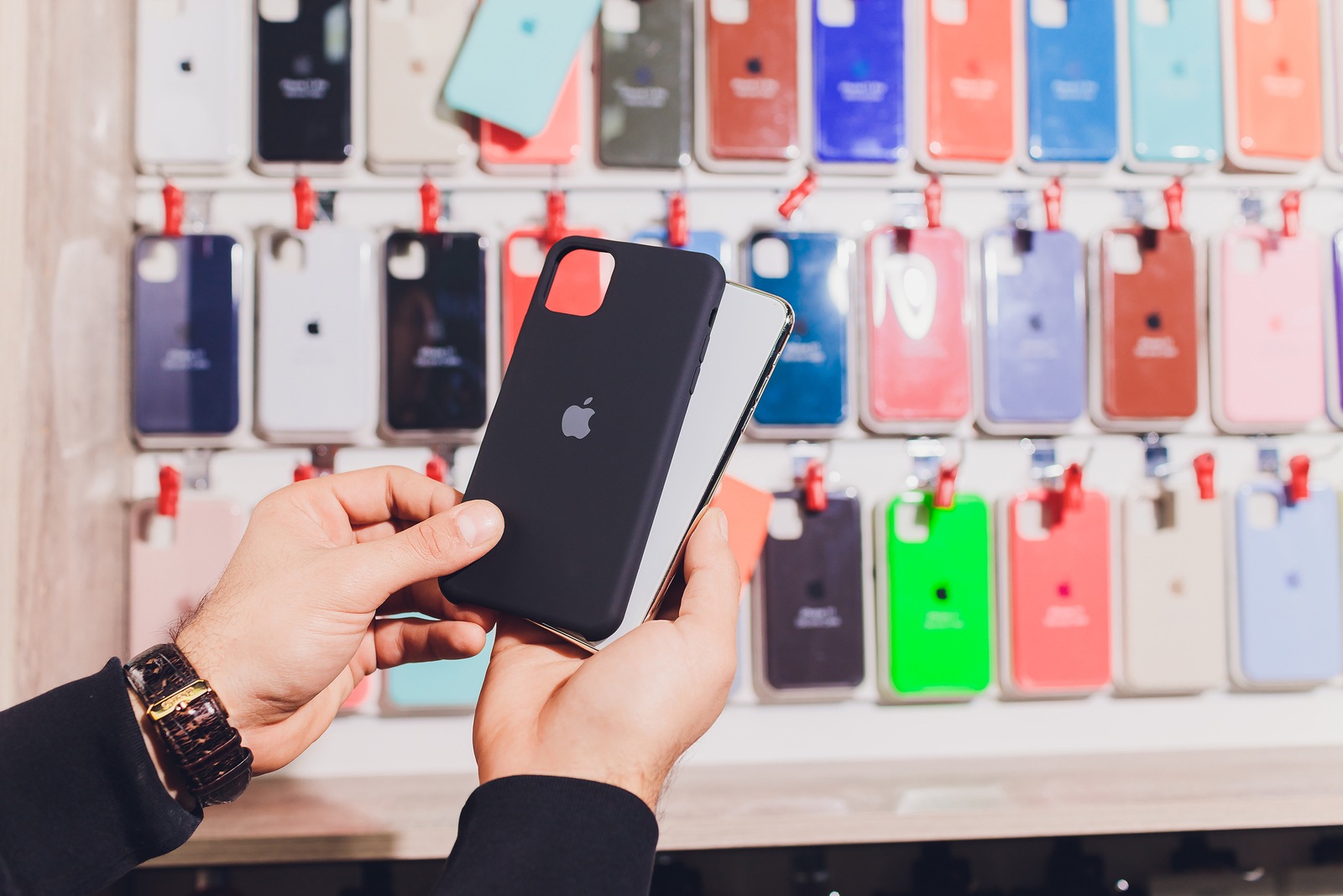 Ufa, Russia, 24 September, 2019 Release of the new iPhone 11 as well as iPhone 11 Pro Max , visiting an Apple Store in USA, viewing the new leather and silicon covers for the iPhones.