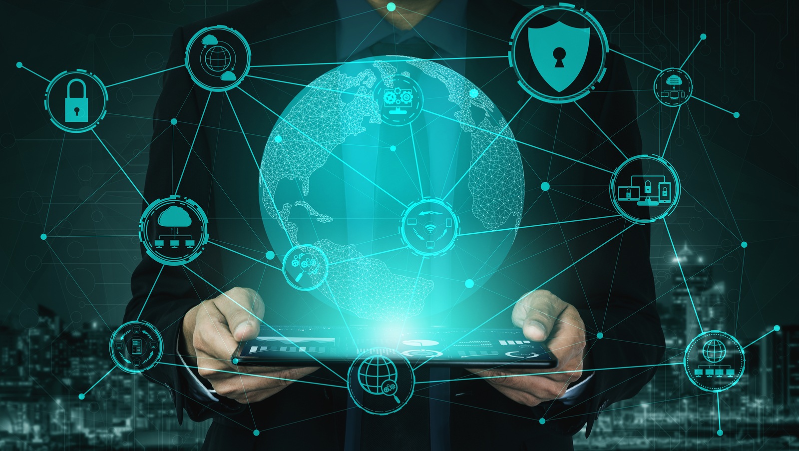 Cyber security and digital data protection concept. Icon graphic interface showing secure firewall technology for online data access defense against hackers, viruses and insecure information for privacy.