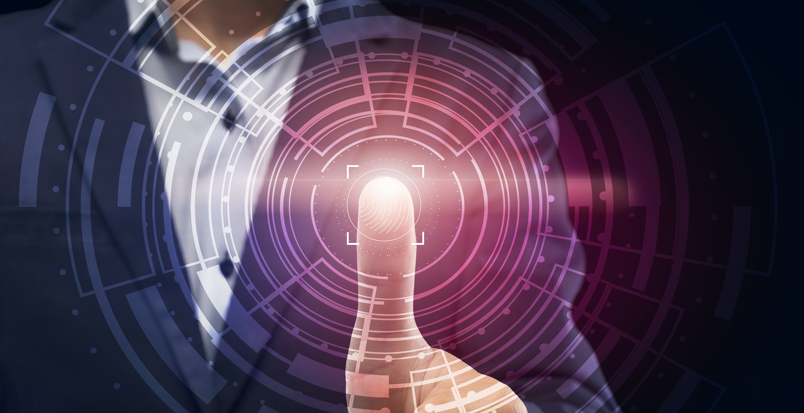 Fingerprint Authentification. Businessman Scanning Finger Print Touching Virtual Panel For Personal Data Access. Panorama, Closeup, Cropped