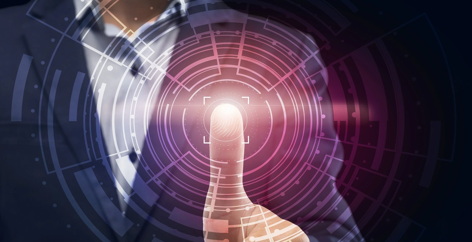 Fingerprint Authentification. Businessman Scanning Finger Print Touching Virtual Panel For Personal Data Access. Panorama, Closeup, Cropped