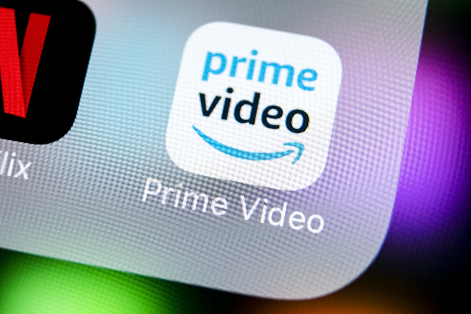 Sankt-Petersburg, Russia, March 22, 2018: Amazon Prime Video application icon on Apple iPhone X screen close-up. Amazon PrimeVideo app icon. Amazon Prime application. Social media network