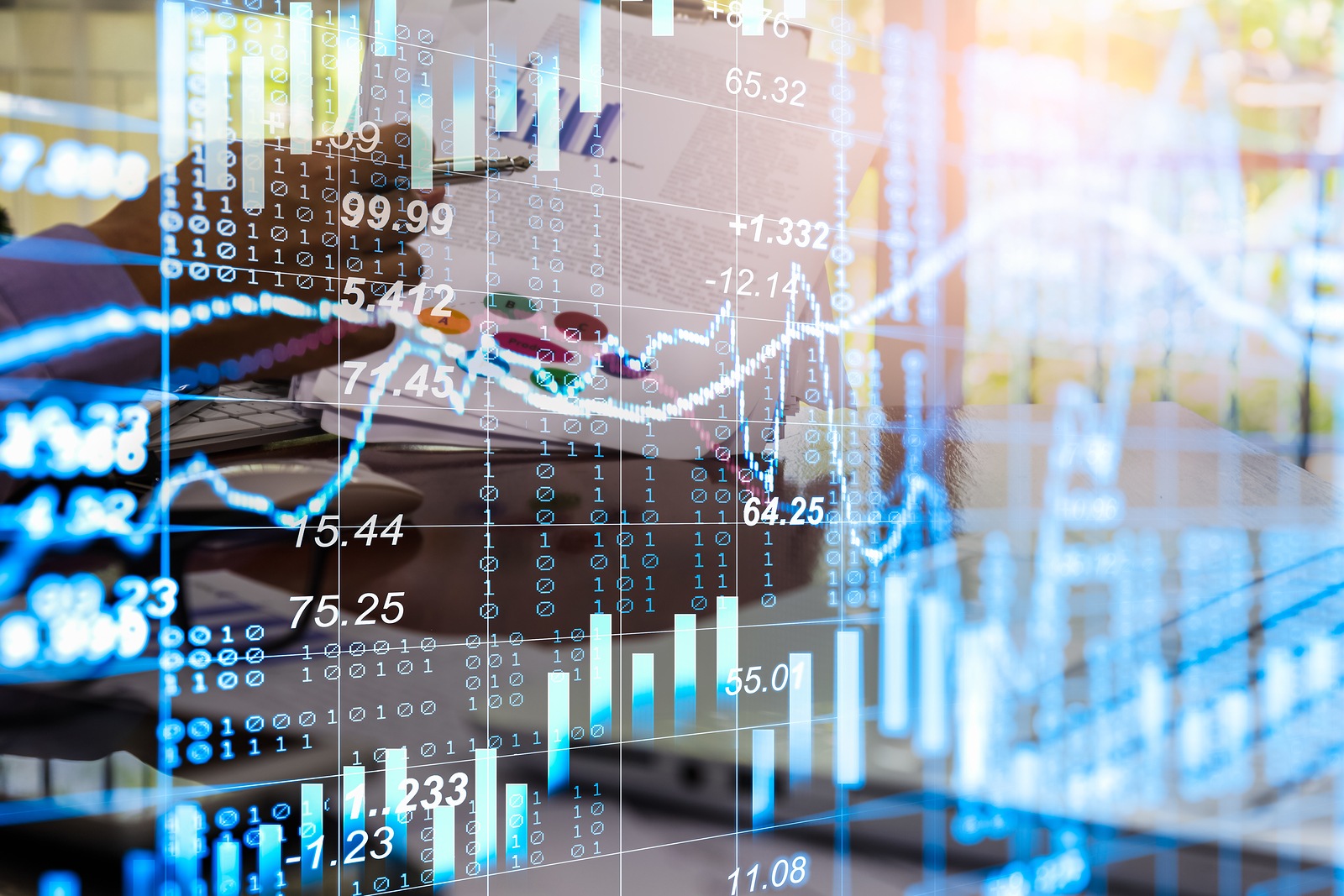 Stock market graph and business financial data on LED. Business graph and stock financial indicators. Stock or business market analysis concept. Business financial or stock market background. Business graph on stock market financial exchange