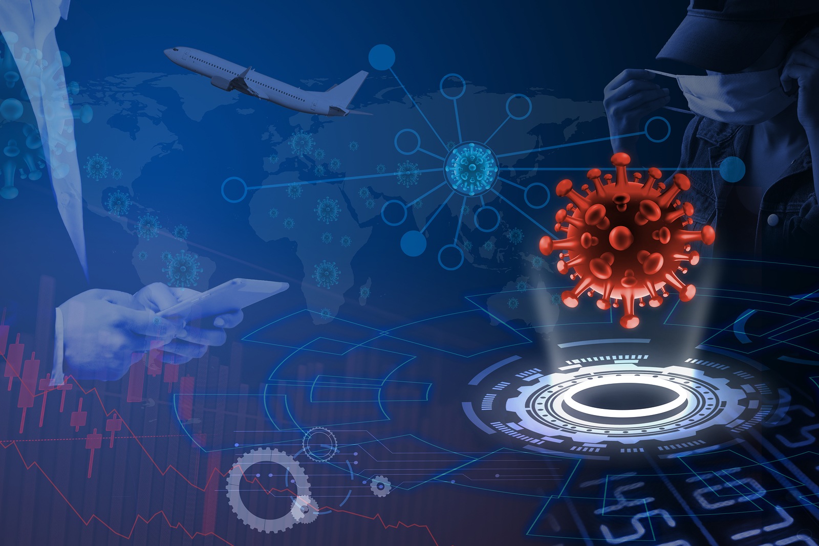The impact of coronavirus businesses in both tourism and the stock exchange and the global economy. Financial Stock market crisis. Global economy crash. Covid-19 financial outbreak.