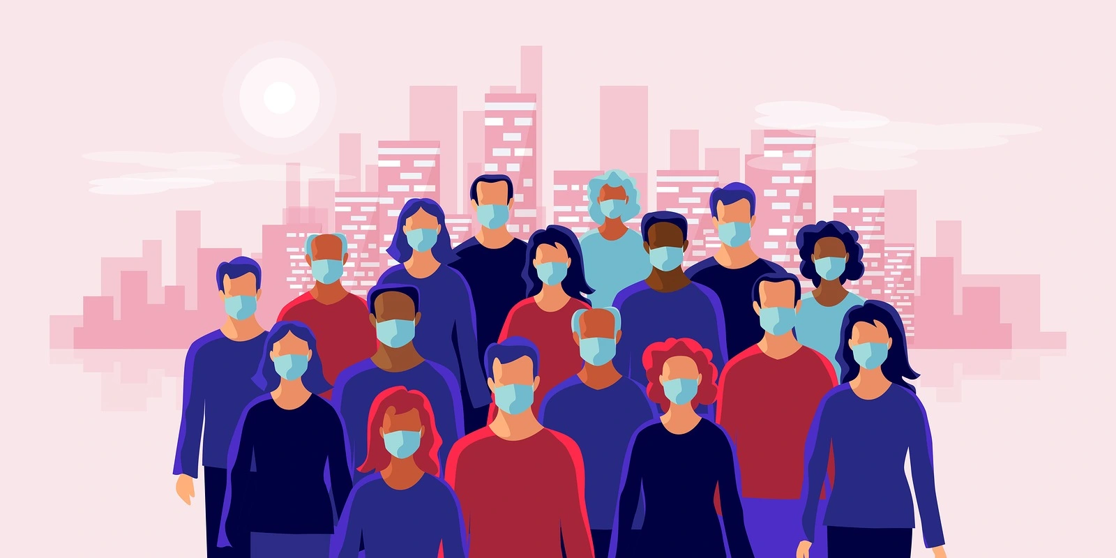 Group of people wearing protection medical face mask to protect and prevent virus, disease, flu, air pollution, contamination, corona. Many ages old man woman in the city skyline. Vector illustration.
