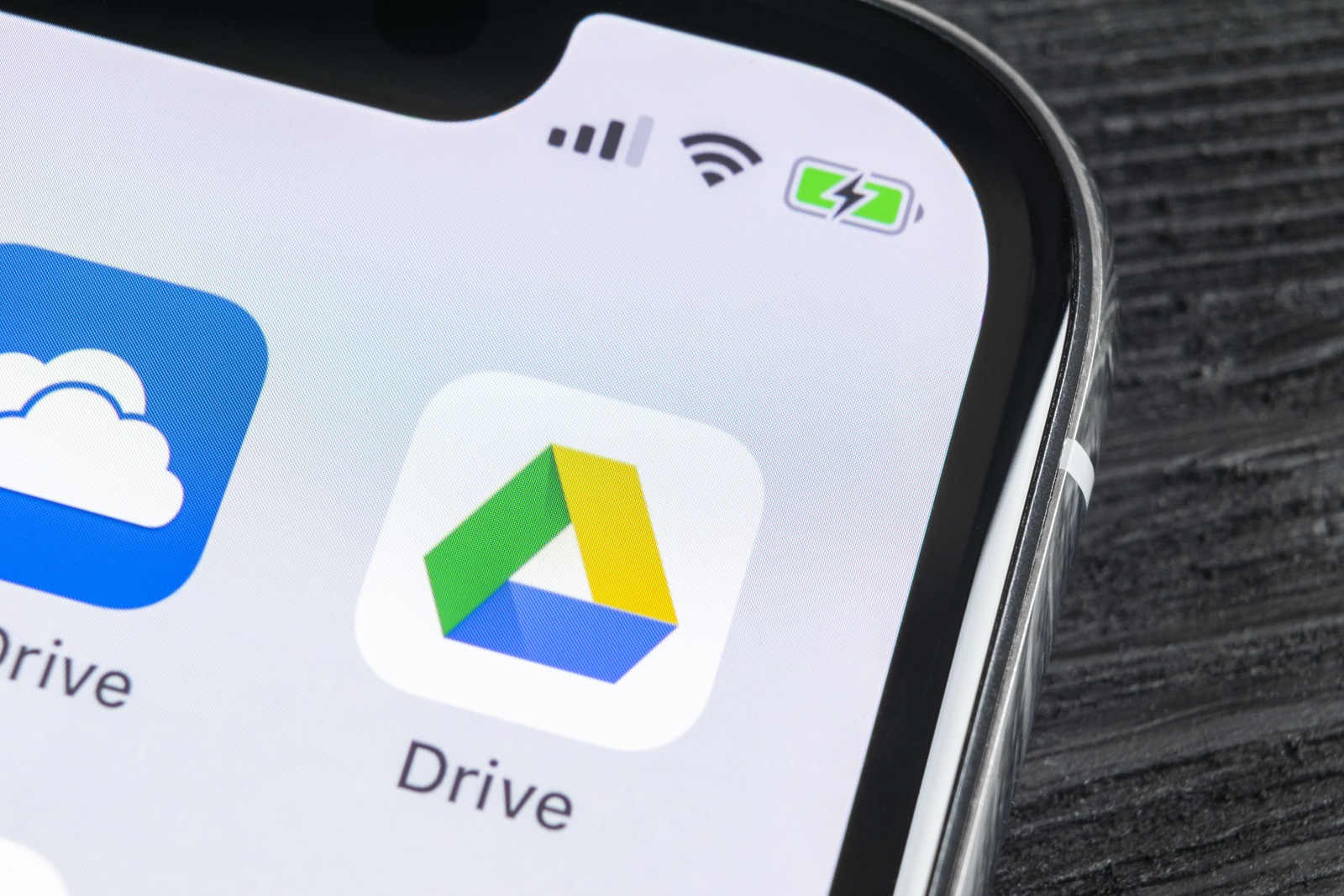 Saint-Petersburg, Russia, April 27, 2018: Google Drive application icon on Apple iPhone X screen close-up. Google drive icon. Google Drive application. Social media network