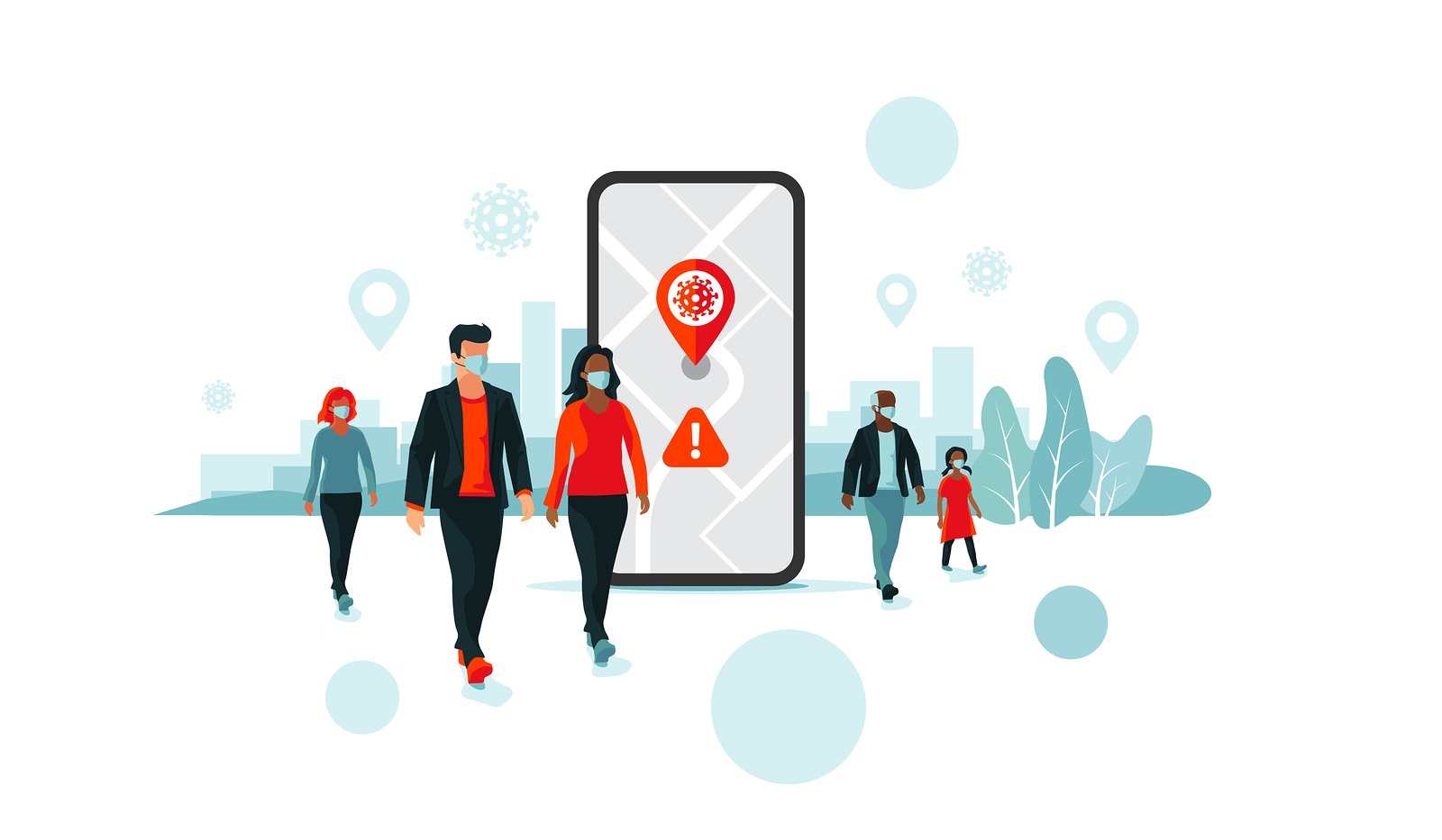 Smartphone health virus tracking location app with people wearing protective face mask to prevent coronavirus, disease, flu, air pollution. Old man young woman person walking. City illustration.