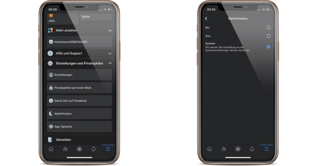 Facebook App auf dem iPhone im Nachtmodus (Dark Mode) Menüführung und Einstellungen