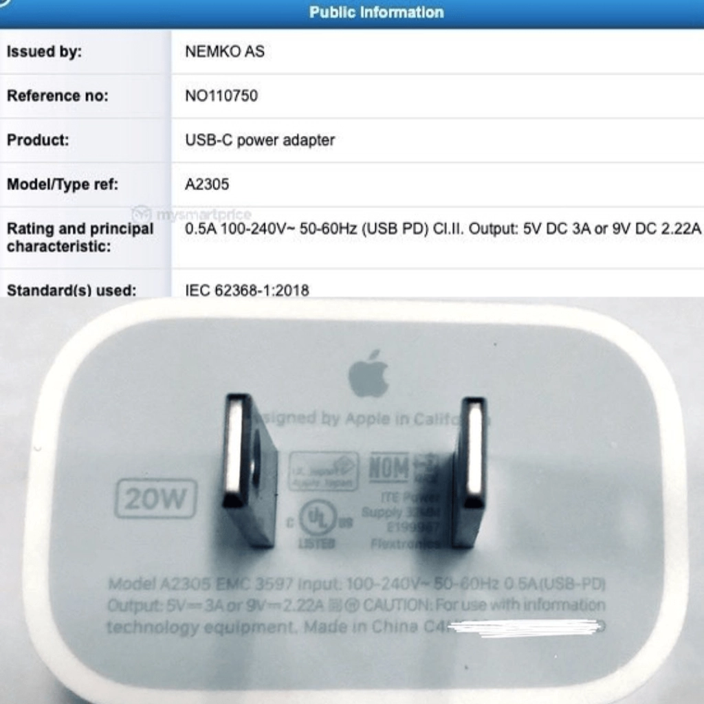 iPhone 12 USB-C 20-Watt Netzteil A2305 Nemko Zertifizierung