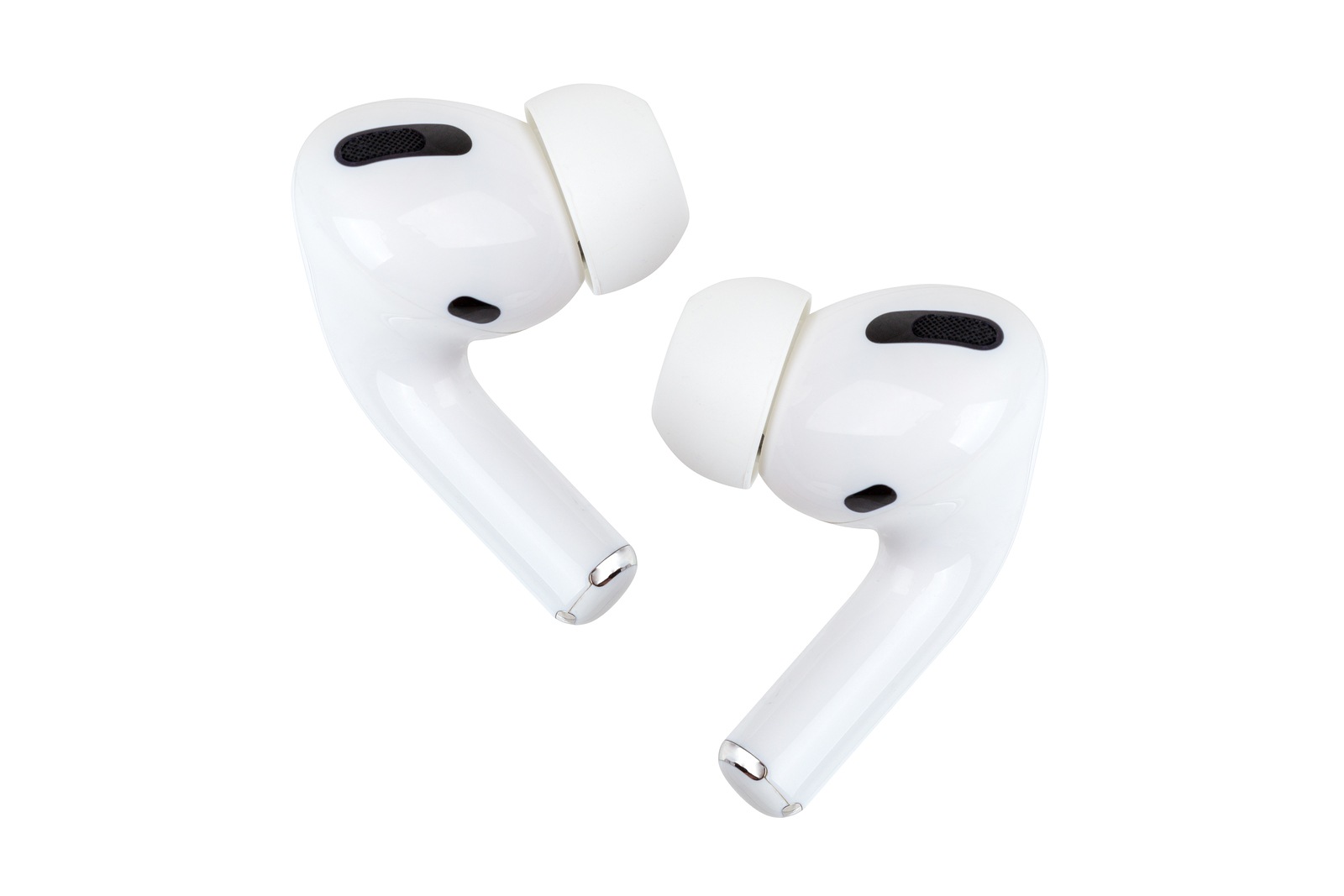 Rostov-on-Don, Russia - December 2019. Apple AirPods Pro on a white background. Wireless headphones close-up.