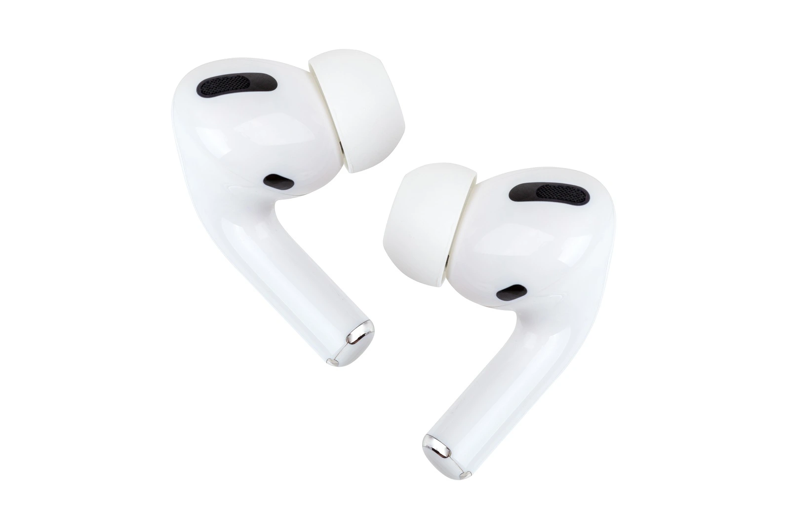 Rostov-on-Don, Russia - December 2019. Apple AirPods Pro on a white background. Wireless headphones close-up.
