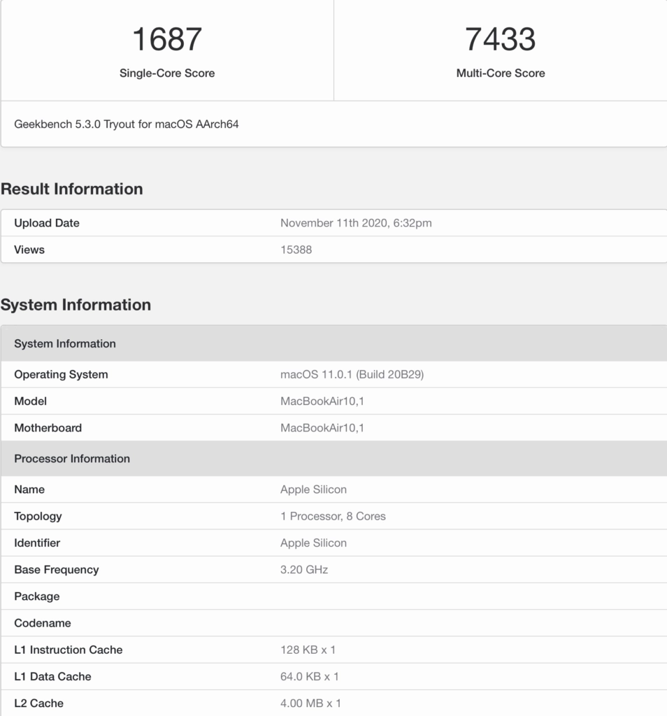 Geekbench Benchmark-Ergebnisse für den Apple Silicon M1-Chip im MacBook Air