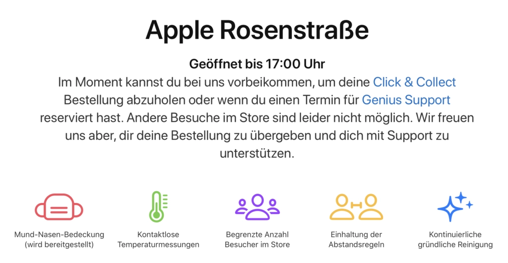 Apple Store Rosenstraße Eingang mit Click and Collect Infos zu Abholterminen und Genius Bar Support