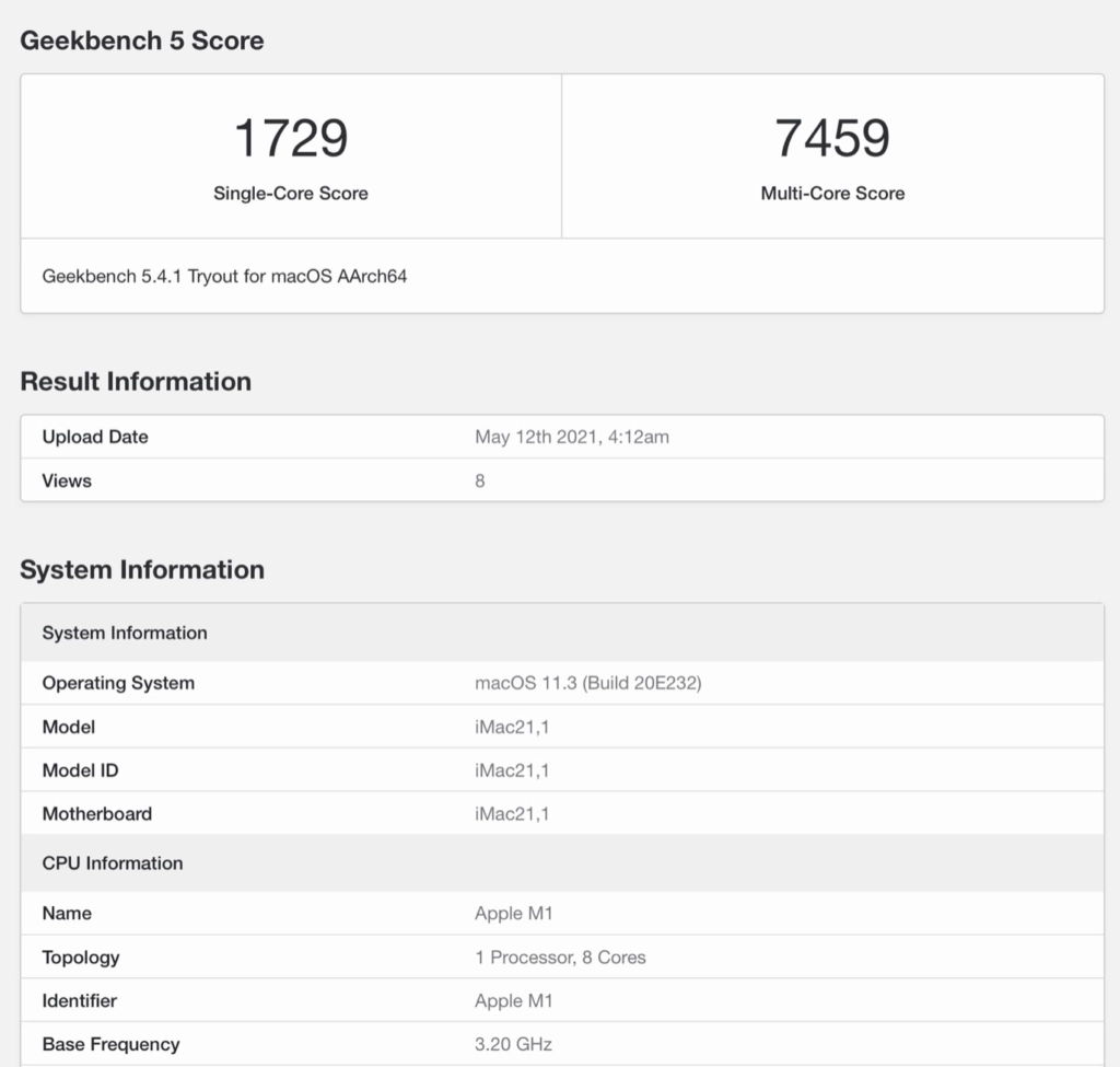 M1 iMac Geekbench 5 Benchmark Ergebnisse Single-Core und Multi-Core Score