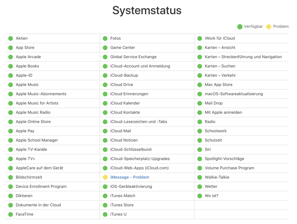 Apple Systemstatus zeigt iMessage Störung und Probleme beim Nachrichtendienst