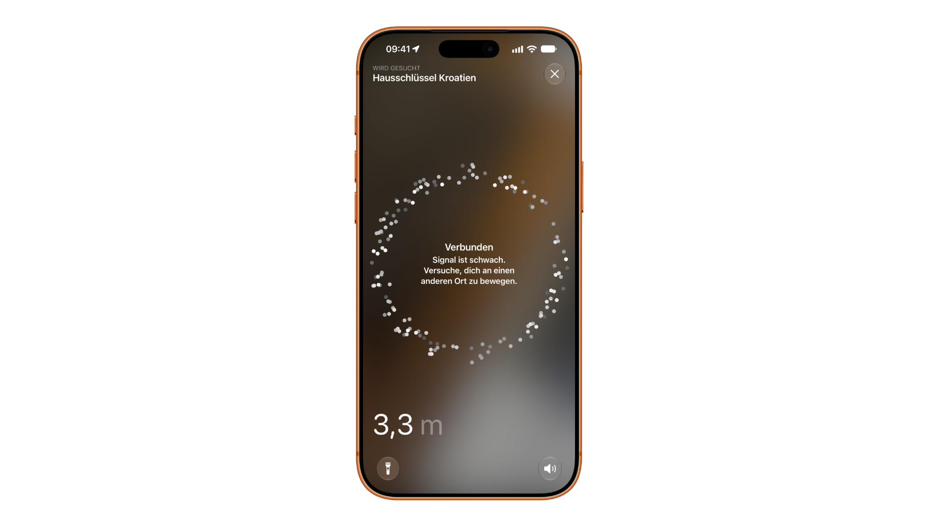AirTag precision finding in action: the iPhone shows a distance of 3.3 metres and a weak signal notice