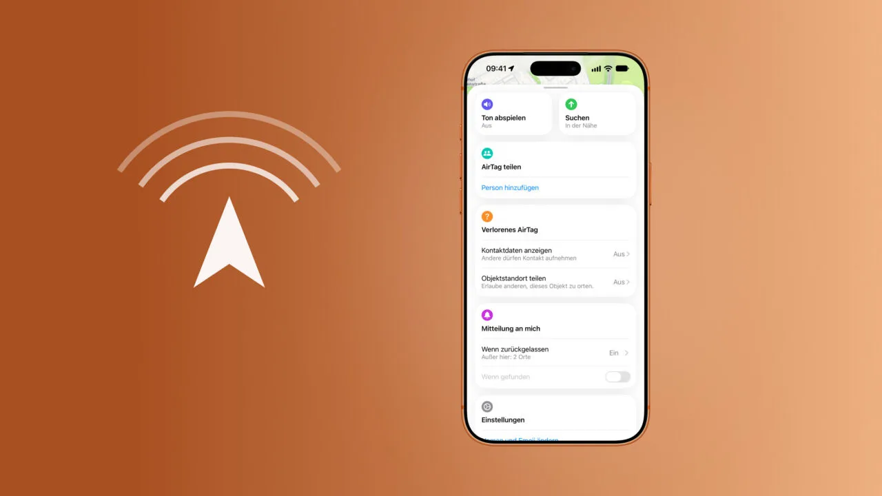 AirTag Genaue Suche in der Wo ist App: die Objektansicht mit den Tasten Ton abspielen und Suchen samt dem Zusatz In der Nähe